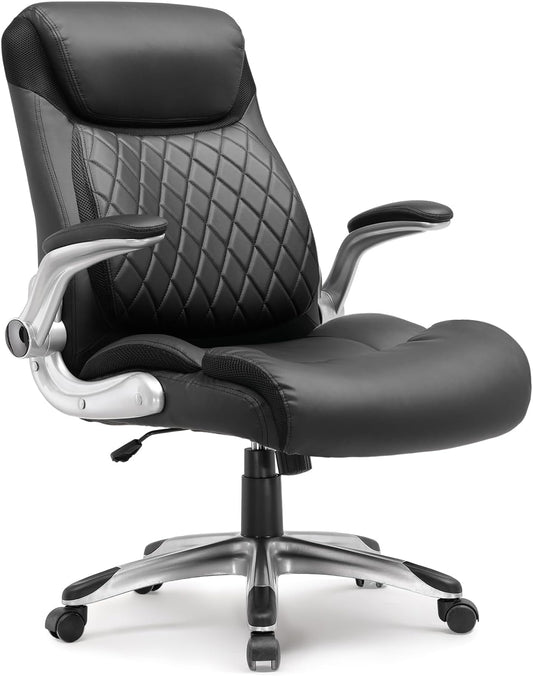 COMHOMA Big and Tall Office Chair, High Back Leather Executive Chair with Pocket Spring Lumbar Support and Flip-up Armrests, Swivel Managerial Office Chair with Adjustable Height， Black