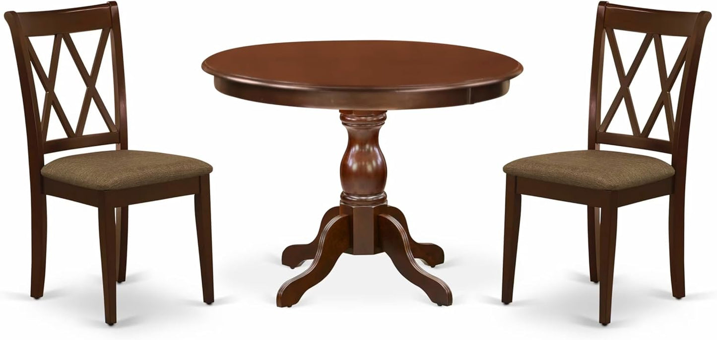 East West Furniture HBCL3-MAH-C 3 Piece Dinette Set for Small Spaces Contains a Round Dining Table with Pedestal and 2 Linen Fabric Dining Room Chairs, 42x42 Inch, Mahogany