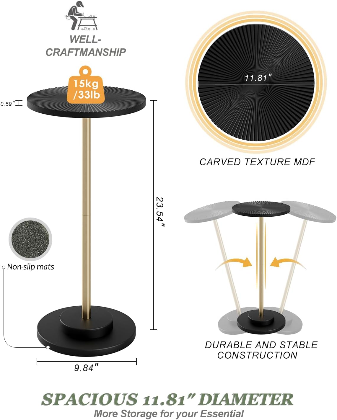 Round Side Table, Small Drink Table for Small Spaces, Modern Accent End Table Coffee Table with Metal Leg for Living Room, Bedroom, Corners, and Office (Black Gold)