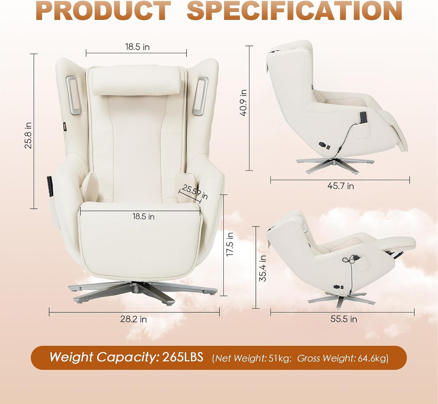 COLAMY Zero Gravity Massage Chair with 4-Zone Massage, Dual Lumbar Heat, Airbag Compression, 360° Swivel, Built-in Bluetooth Speakers & USB Charging, White