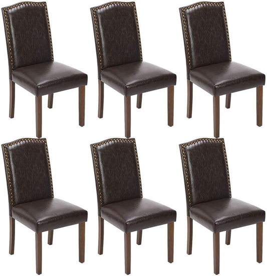 Kitchen Chairs Set of 6 Modern Upholstered Fabric Seat with Nailhead Trim and Ergonomic Lumbar Support for Living Room and Rustic Farmhouse Dining Area, Dark Brown