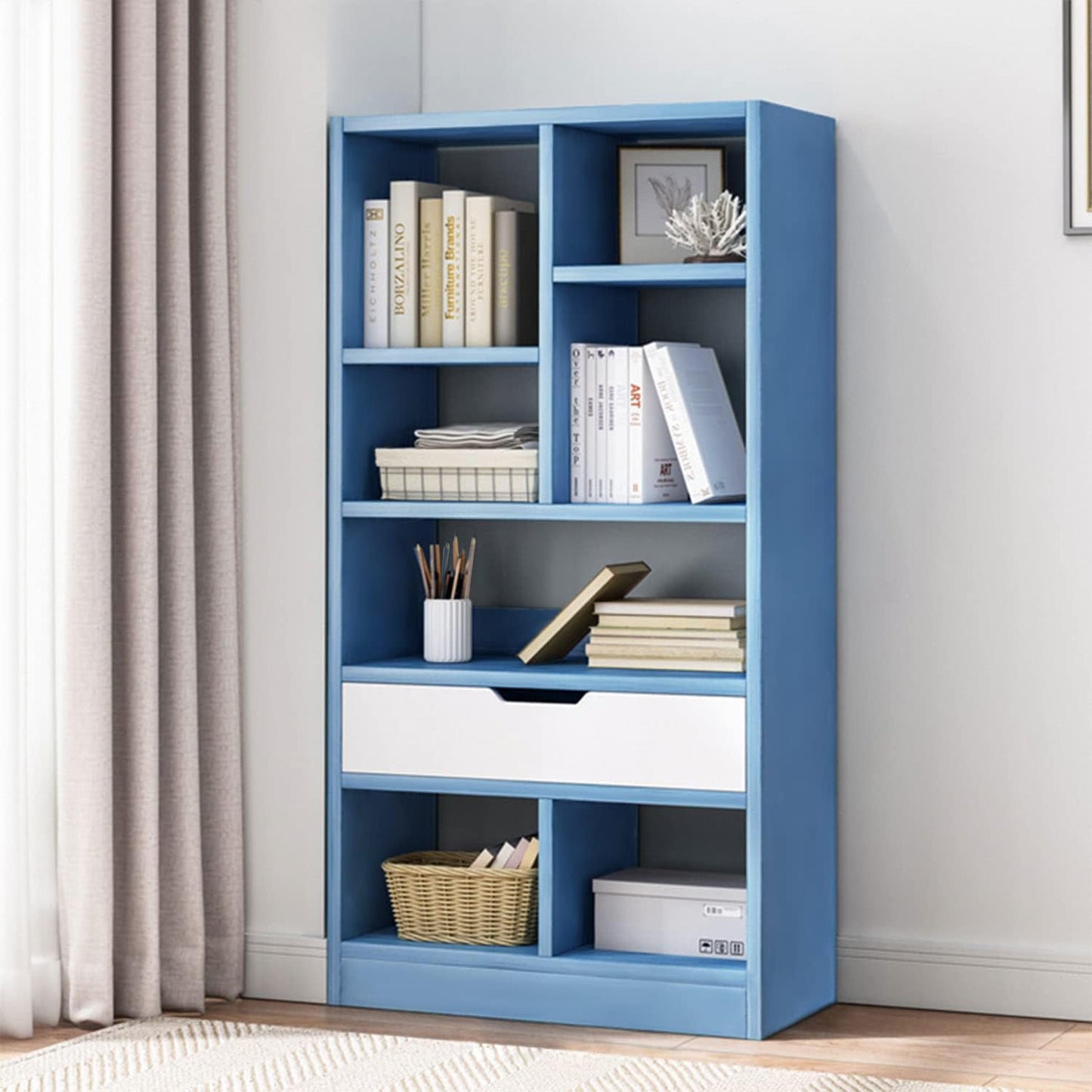 IOTXY Wooden Open Shelf Bookcase - 51" Height Freestanding Display Storage Cabinet Organizer with 7 Cubes and a Drawer, Floor Standing Bookshelf, Blue
