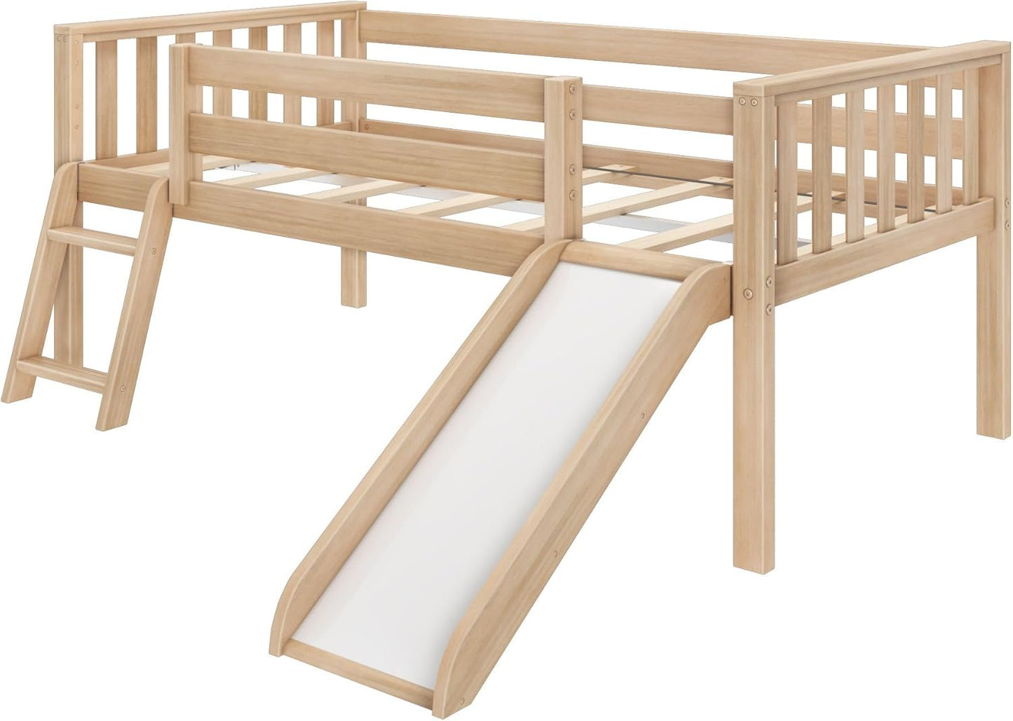 Max & Lily Twin Ultra Low Loft Bed with Slide and Climbing Ladder, Solid Wood Bed for Kids, Space Saving Design for Small Rooms, Twin Size Loft Bed with 14 Inch Guardrails, Anti Slip Steps, Blonde
