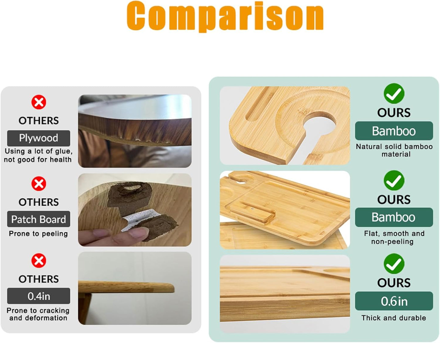 Bamboo Sofa Side Table Adjustable Height,Snack C Shaped End Table with Swivel Phone Stand,TV Trays for Eating on Couch, Small Spaces/Bathtub/Recliner/Bed/Sofa,Oblong.