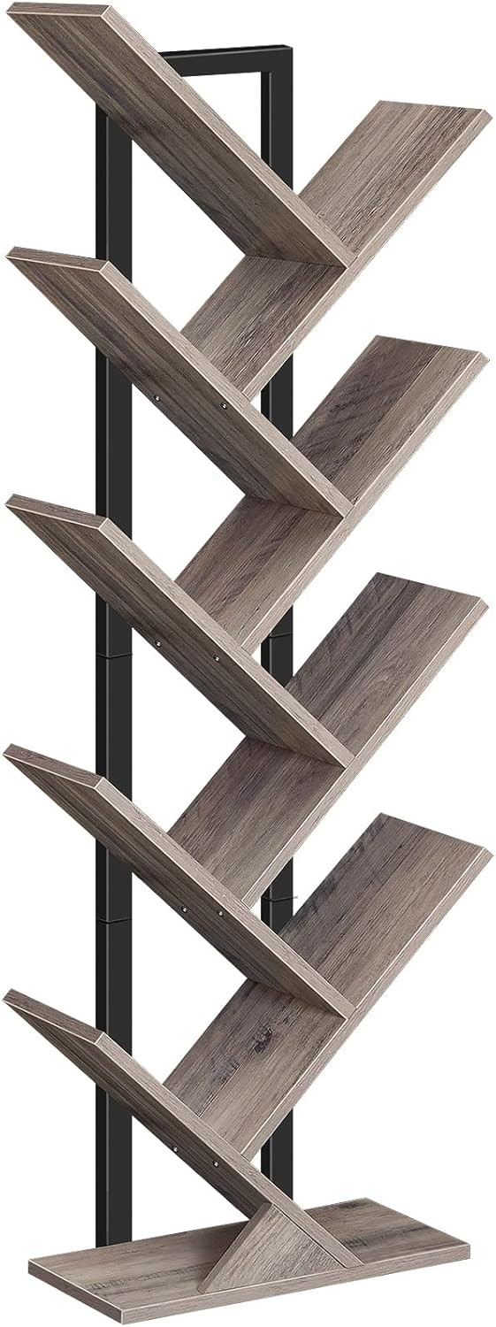 HOOBRO Tree Bookshelf, 9-Tier Bookcase Wooden Shelves, Floor Standing Storage Rack, for Display of CDs, Books in Living Room, Home Office, Wood Storage Rack for Bedroom, Greige BG08SJ01G1