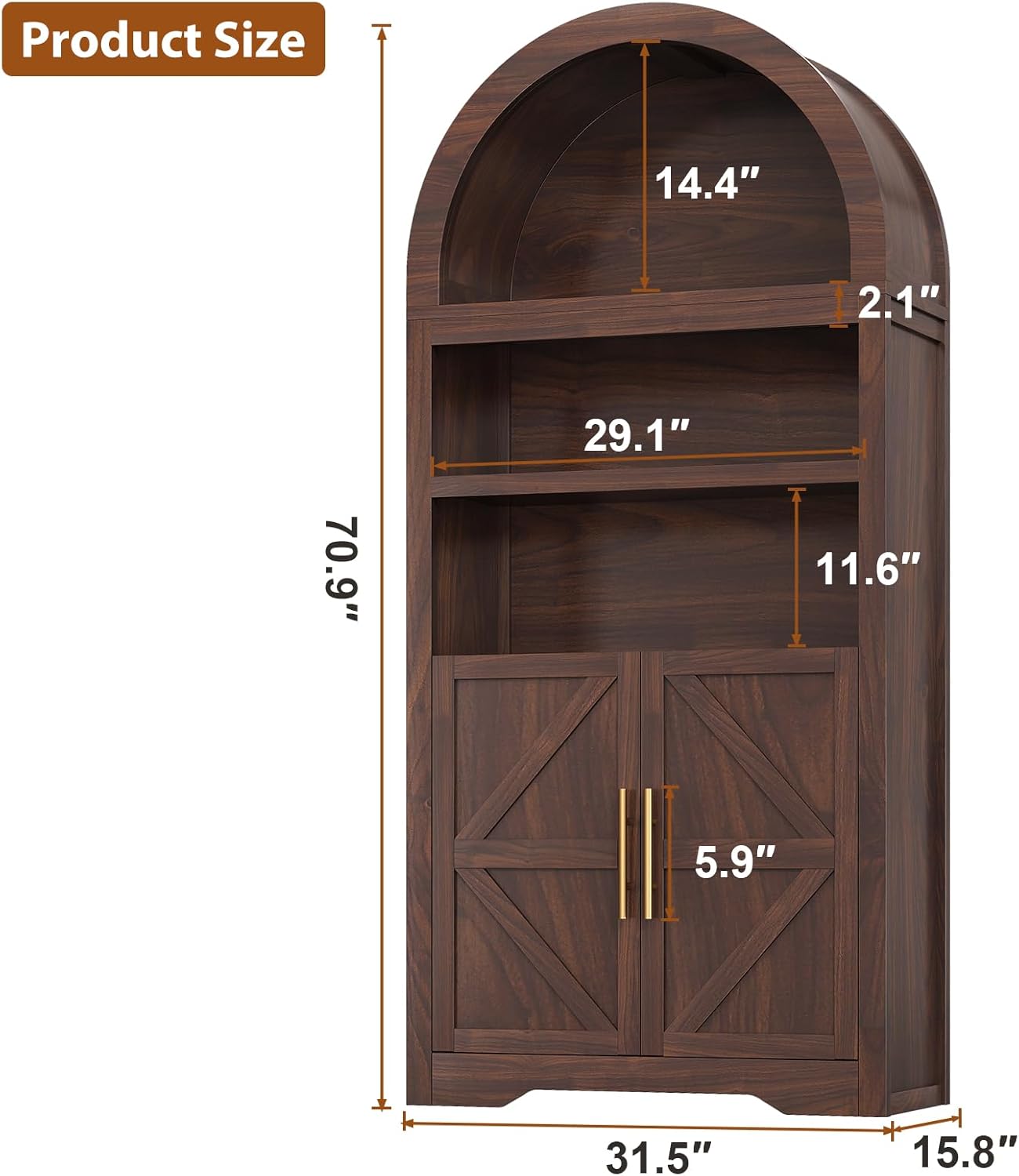 Arched Bookshelf Bookcase China Pantry Storage Cabinet with Doors and Shelves,Kitchen Pantry Cabinet,71“ Tall Food Pantry Furniture for Living Room, Dining Room (Brown)