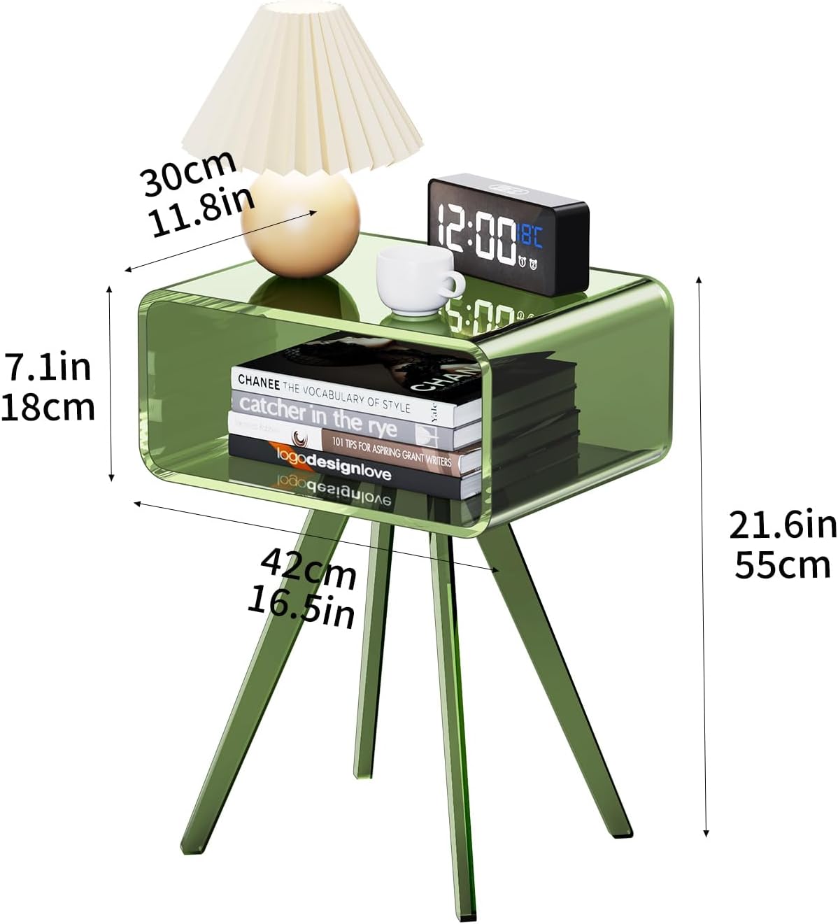 Acrylic Side Table, Acrylic Nightstand Bedside Table for Bedroom (Green, 16.5'' x 11.8'' x 21.6'')