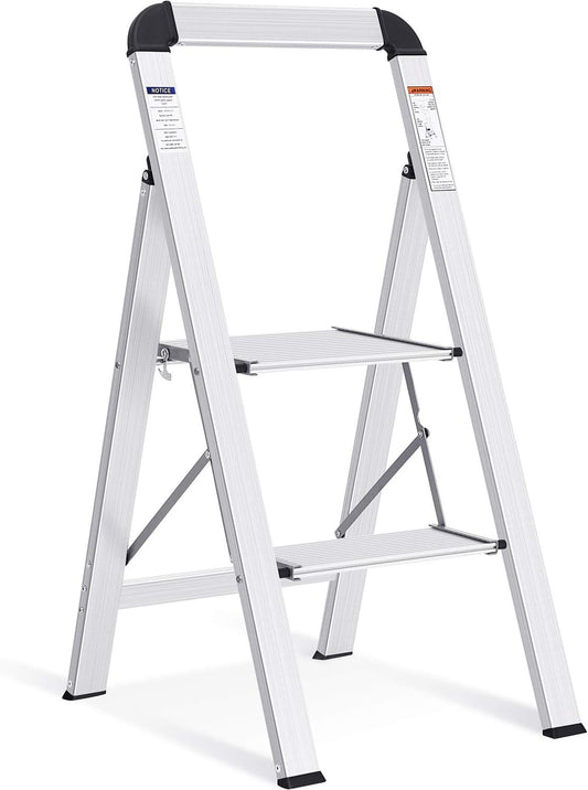KINGRACK Aluminium 2 Step Ladder, Lightweight Step Stool with Non-Slip Pedals, Handrail, 330LBS Foldable Step Ladder for Kitchen, Garage, Home, Space Saving, Sturdy and Portable, Silver