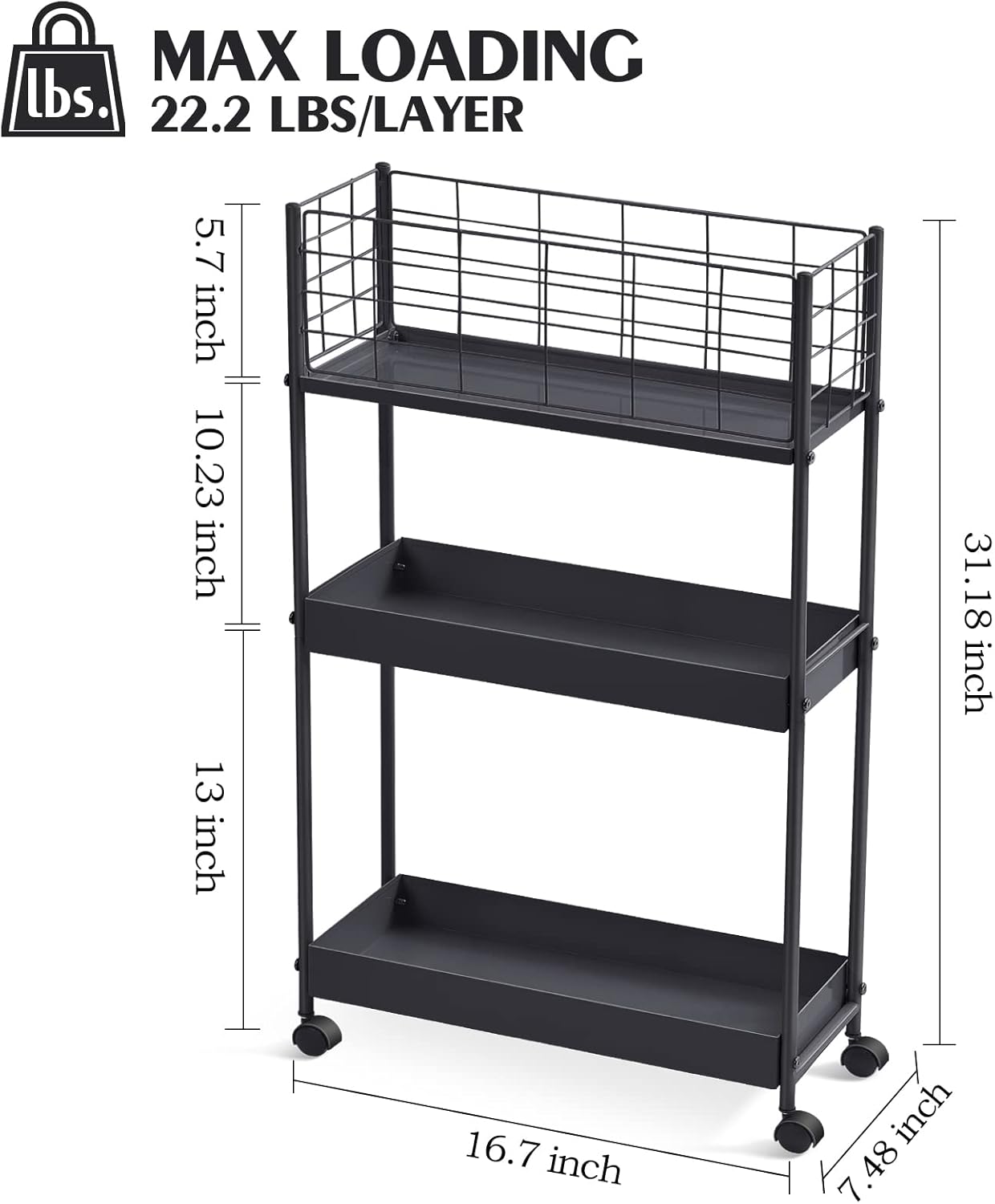 KINGRACK 3-Tier Metal Rolling Cart, Slim Storage Cart, Mobile Shelving Unit Trolley with Wheels, Bathroom Tier,Bathroom Organizer Utility for Laundry Room, Office, Narrow Place, Black