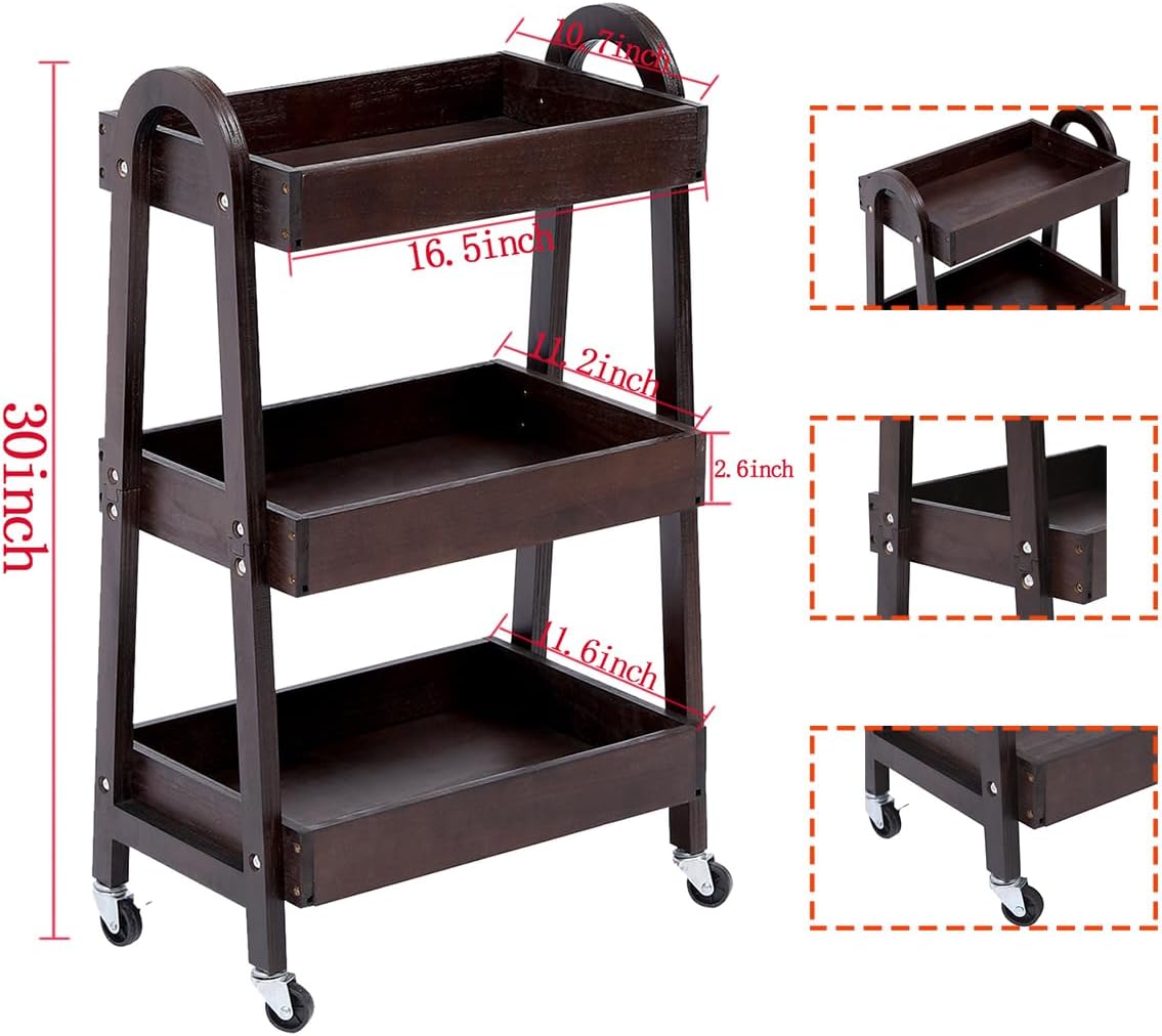 3 Tier Rolling Craft Cart Slim Rolling Storage Cart Wooden Cart on Wheels Bathroom Organizer Rolling Utility Cart Mobile Shelving Unit for Kitchen Bathroom Laundry Narrow Places (Black)