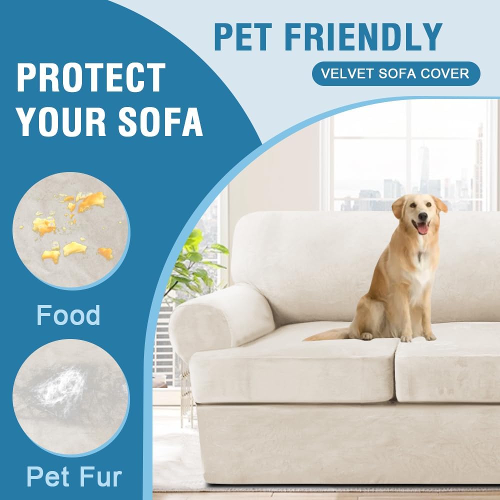 H.VERSAILTEX Sofa Cover 3 Piece T Cushion Sofa Slipcovers Thick Velvet Couch Cover Stretch T Cushion Sofa Covers for 2 Cushion Couch with 2 Individual T Cushion Covers, Porcelain