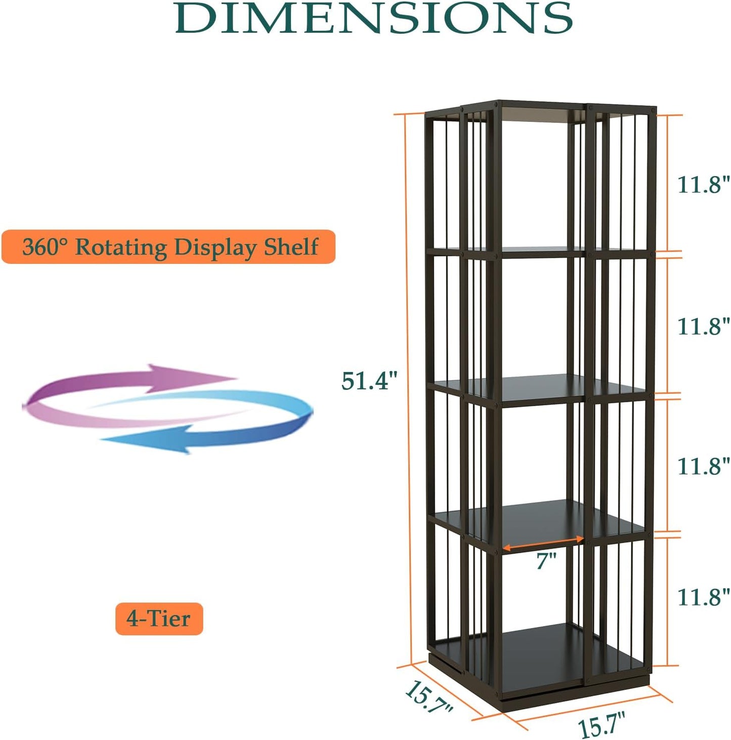 Square Rotating Bookshelf Tower - 360 Spinning Display Corner Bookcase for Narrow Space, Modern 4-Tier Revolving Storage Shelf, Black