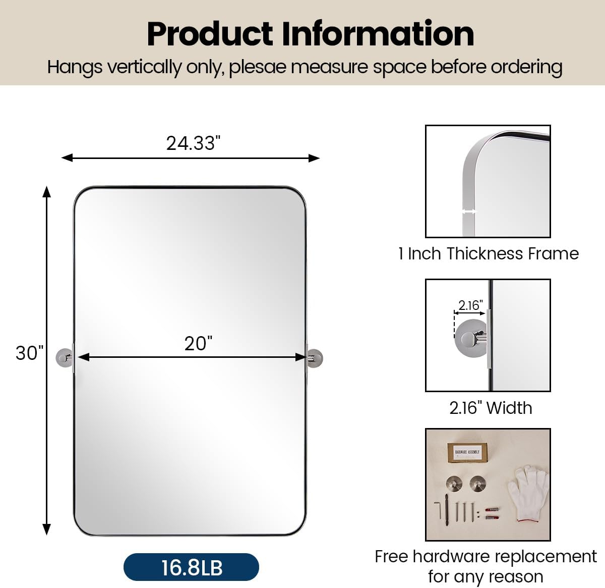MOON MIRROR Polished Chrome Pivot Mirror for Bathroom, Tilt Bathroom Vanity Mirror,Rounded Rectangle Pivoting Mirror, Overall 24.33 x 30 in (Mirror 20x 30 in)