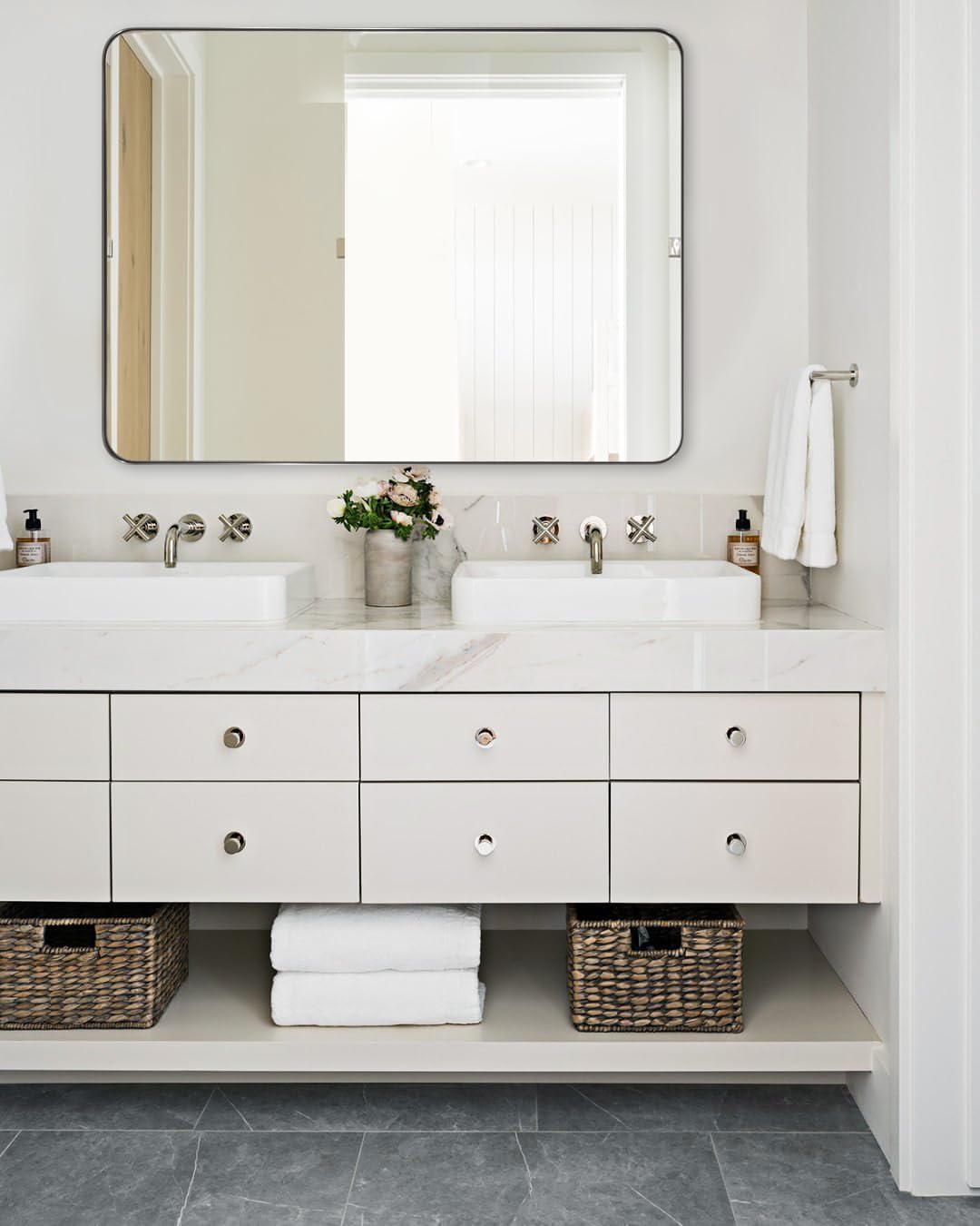 ANDY STAR Wall Mirror Brushed Nickel for Bathroom, 30x36 Rounded Rectangle Mirror with Stainless Steel Silver Metal Frame, Modern Bathroom Vanity Mirror