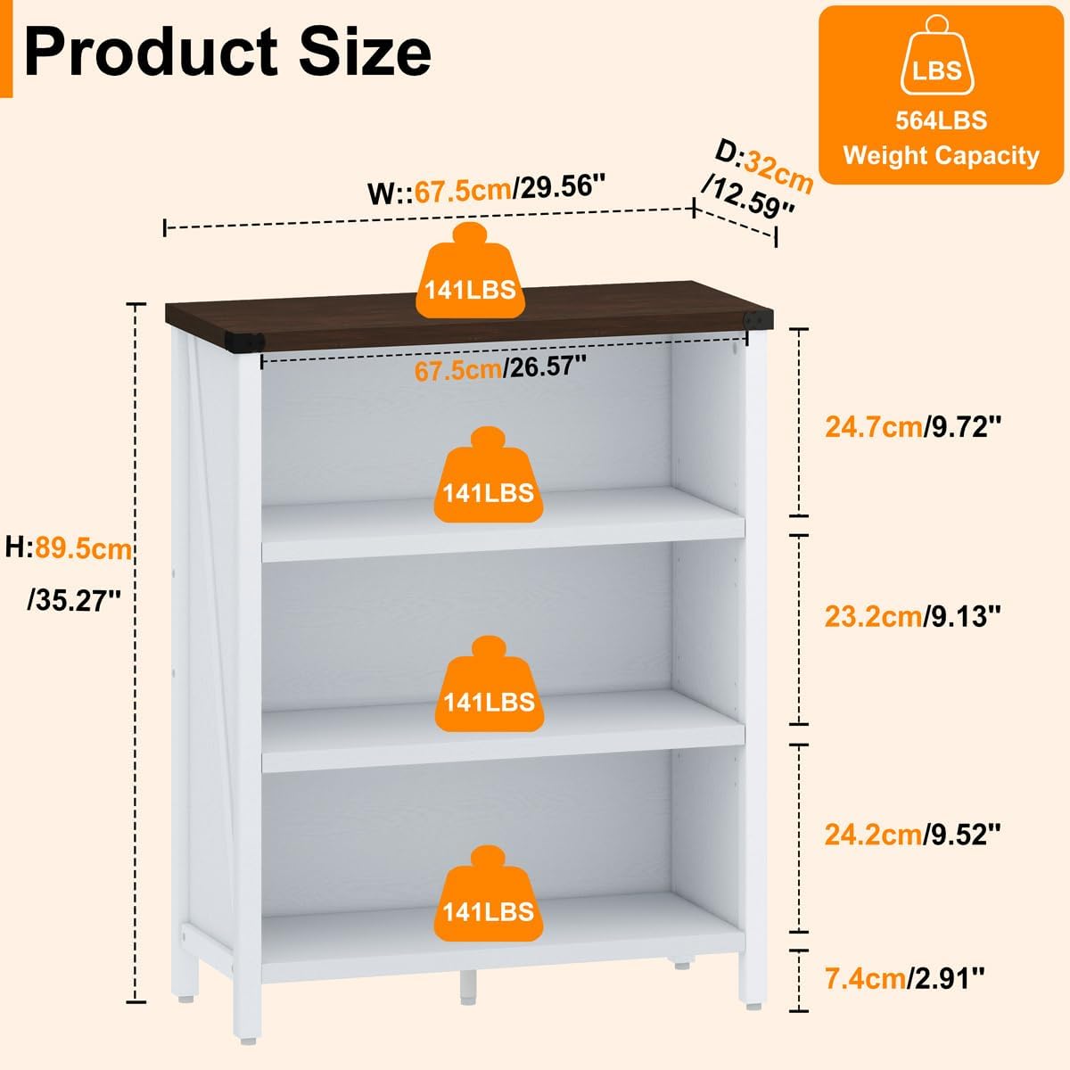 BON AUGURE Small Bookshelf for Small Space, 3 Tier Bookcase, Farmhouse Wood Low Book Case, Short Storage Book Shelf for Home Office, Living Room, Bedroom (White Oak and Walnut Brown)