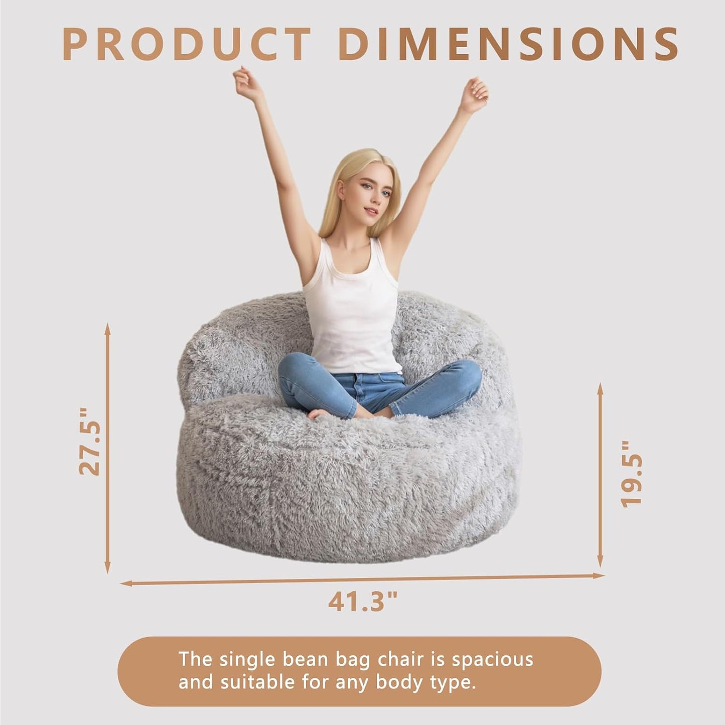 BYBYME Giant Bean Bag Chair, Faux Fur Bean Bag Couch with Filler Large Living Room Bean Bag Chairs for Adults, Big Lazy Sofa Accent Chair with Pocket Floor Chair