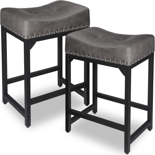 Counter Height Bar Stools Set of 2, Bar Stools for Kitchen Counter, 24 Inch Counter Stools Saddle Barstools with Metal Base for Pub, Bar, Kitchen Dining Room(Grey)