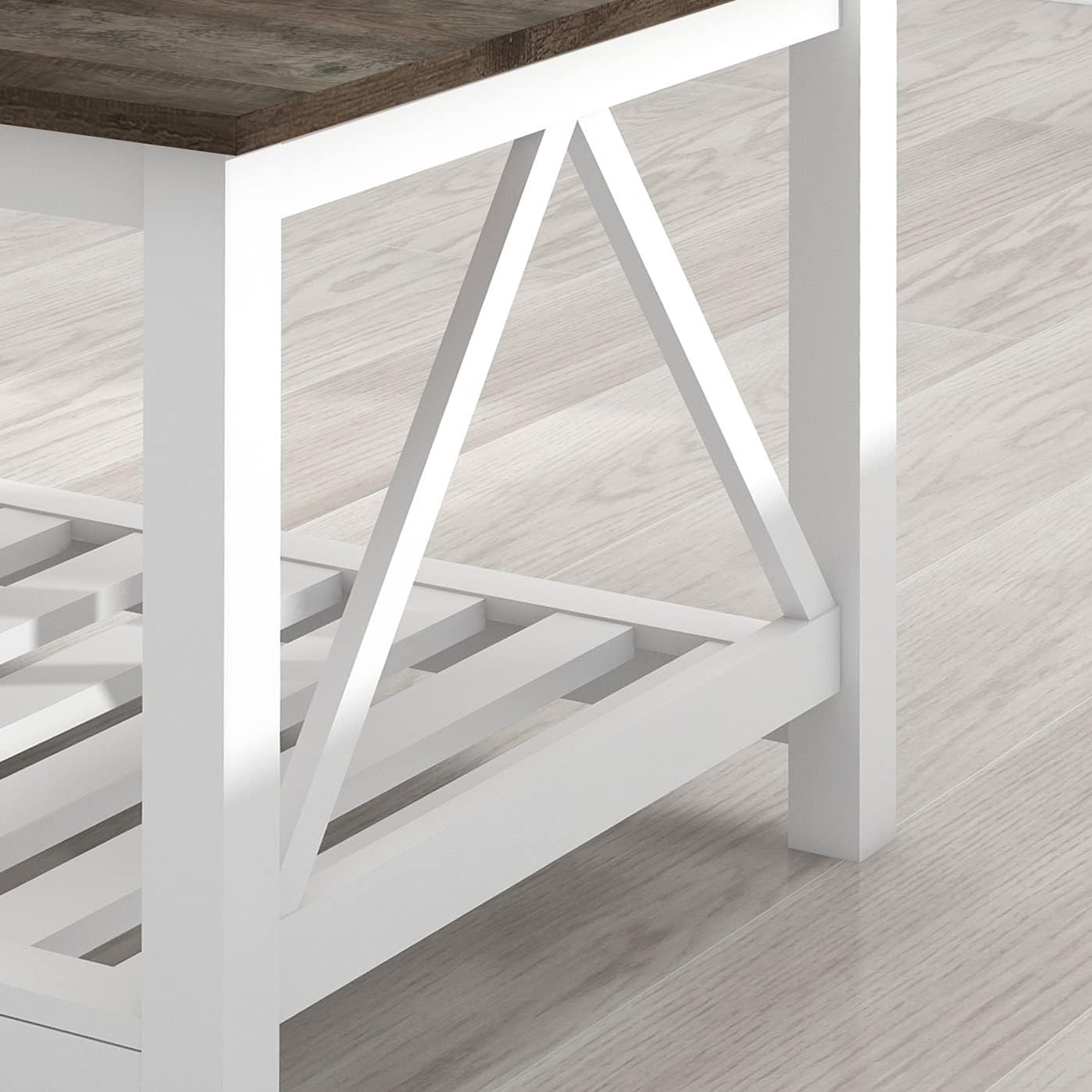 Farmhouse Coffee Table for Living Room, 2-Tier Rectangular Wooden Centre Cocktail Table with Slats Shelf Storage and V-Shaped Frame, Dark Oak