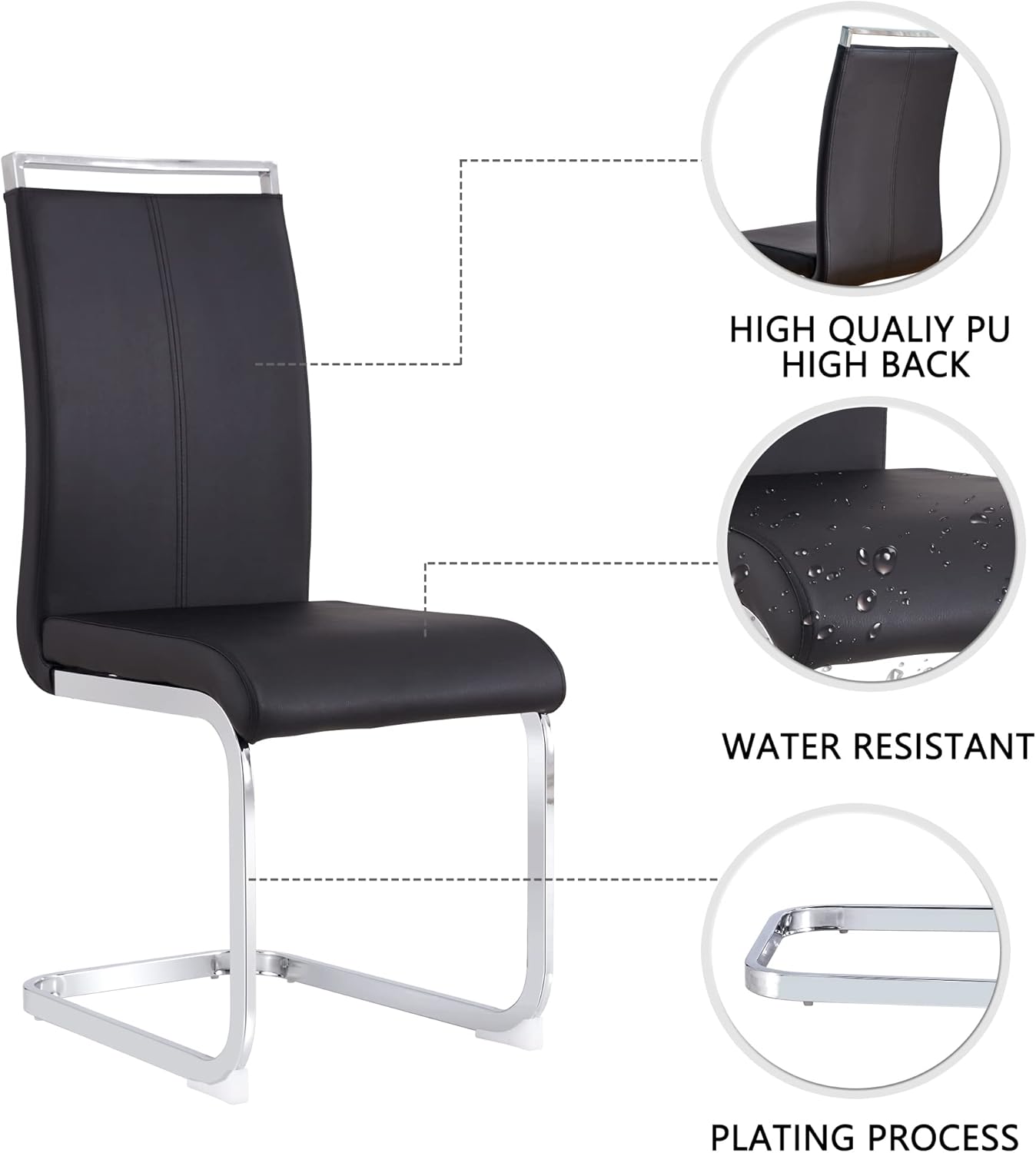 Dining Chairs Set, Kitchen Modern Metal Chairs with Faux Leather Padded Seat High Back and Sturdy Chrome Legs, Chairs for Dining Room (Black, Set of 2)