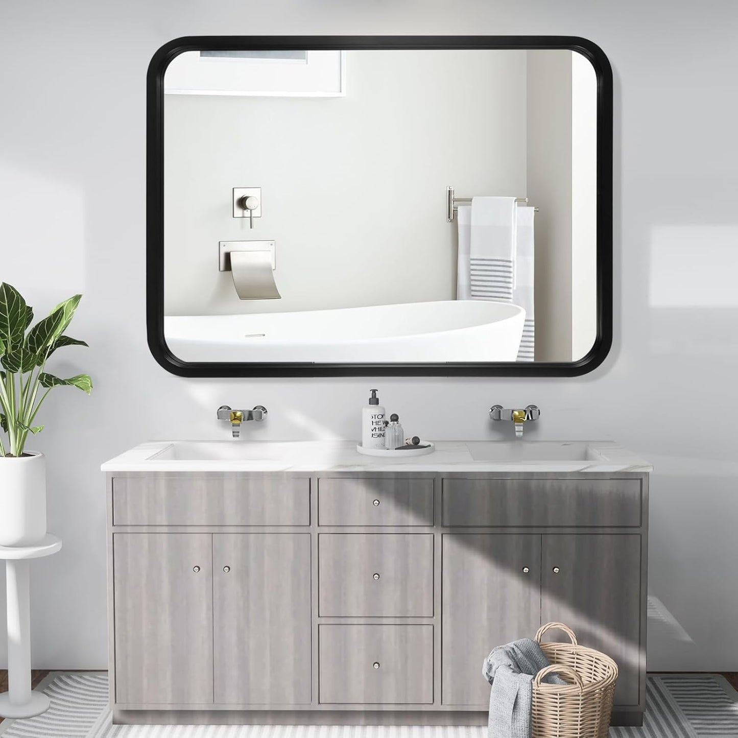 WallBeyond 30x40 Inch Wood Mirror for Bathroom, Wooden Frame Wall Mirror Farmhouse Wall Mounted Rectangle Mirror for Vanity (Horizontal/Vertical Black Color)