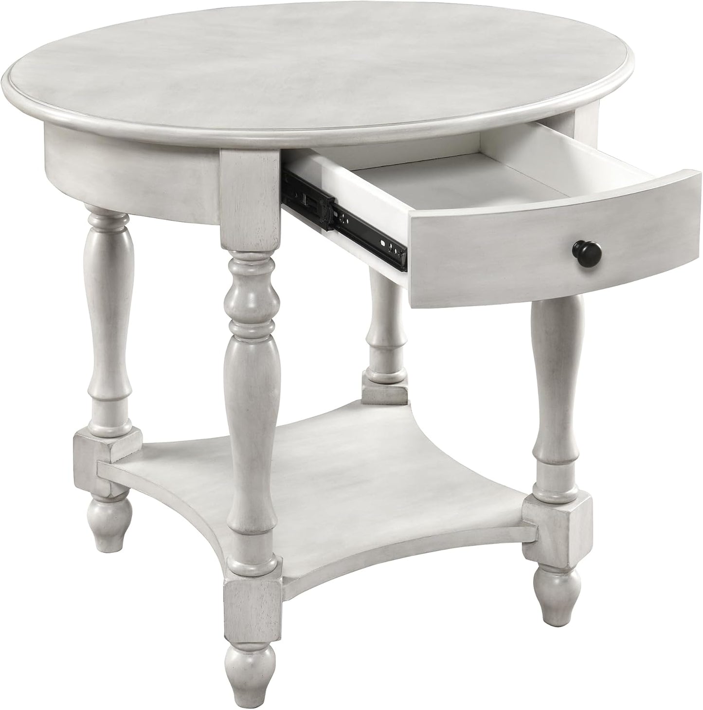 LEEMTORIG Oval Round End Table with Drawer, 2-Tier Solid Wood End Tables, Victorian Antique Nightstand Bedside Table for Bedroom, 28" W x 22" D x 24.2" H, Grey White (not Pure White), CJZ-2233-RW