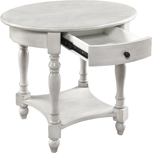 LEEMTORIG Oval Round End Table with Drawer, 2-Tier Solid Wood End Tables, Victorian Antique Nightstand Bedside Table for Bedroom, 28" W x 22" D x 24.2" H, Grey White (not Pure White), CJZ-2233-RW