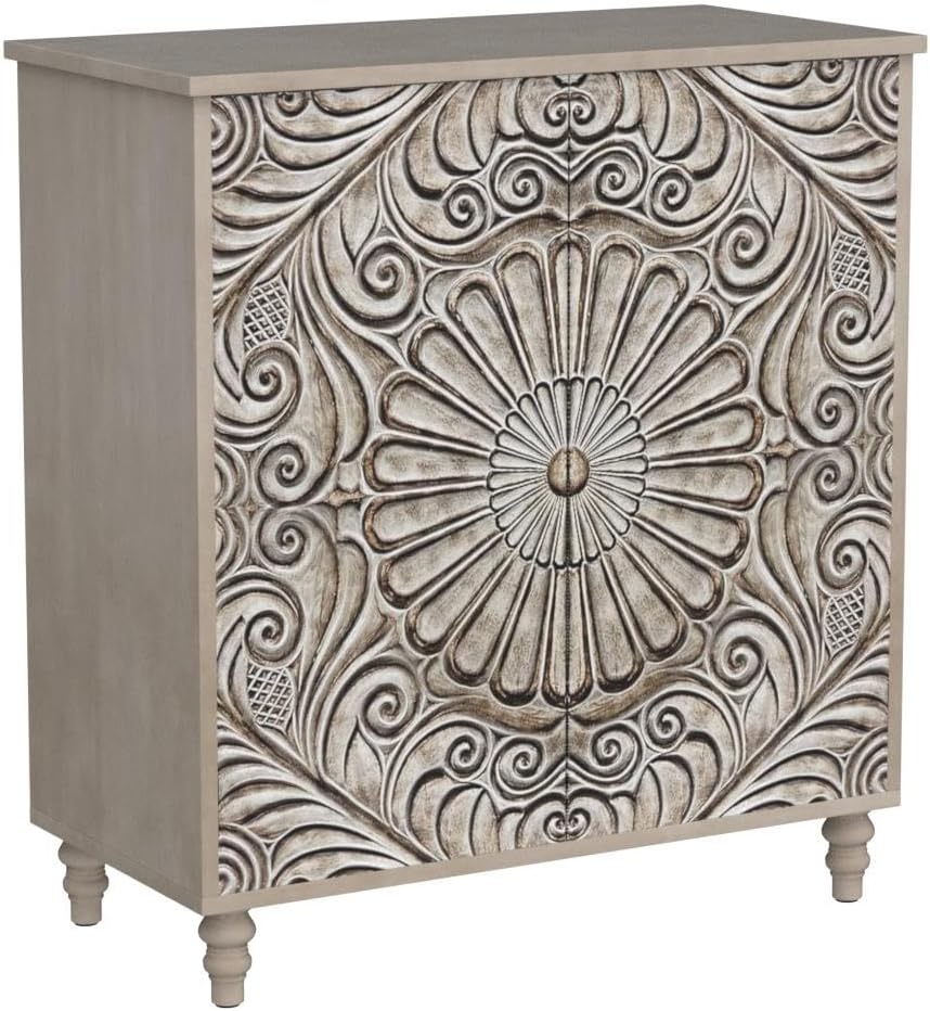 COSIEST 32" W Sideboard Buffet Cabinet with Storage, Accent Cabinet with 2 Push-to-Open Magnetic Doors, Vintage MDF Buffet Table for Living Room, Kitchen, Hallway (Gray,Flower Pattern)