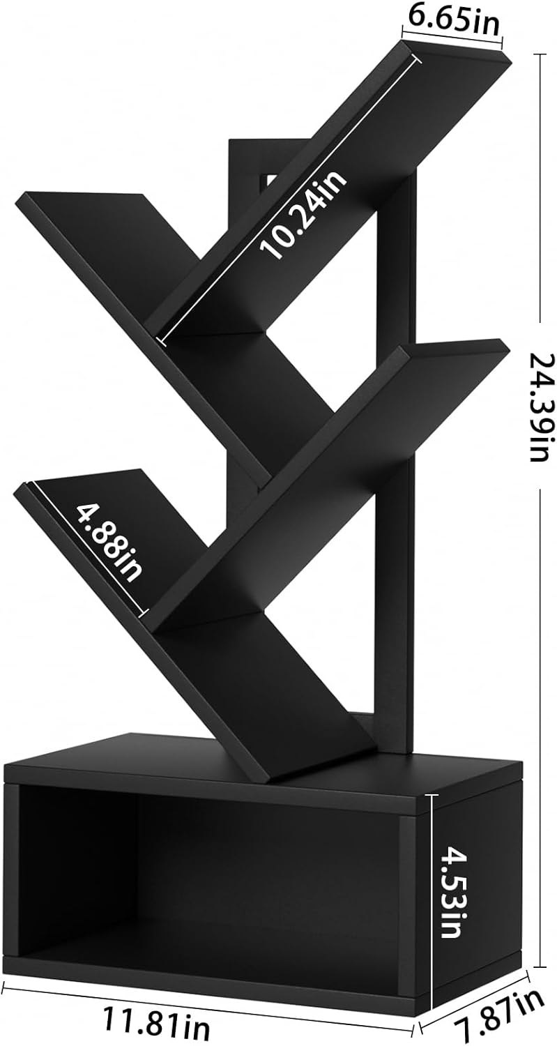 Small Tree Book Shelf,5 Tier Black Tree Bookshelf,Black Desktop Bookcase,Modern Desk Display Storage Bookshelves,Floor Standing Organizer Bookcases for Living Room,Bedroom,Office