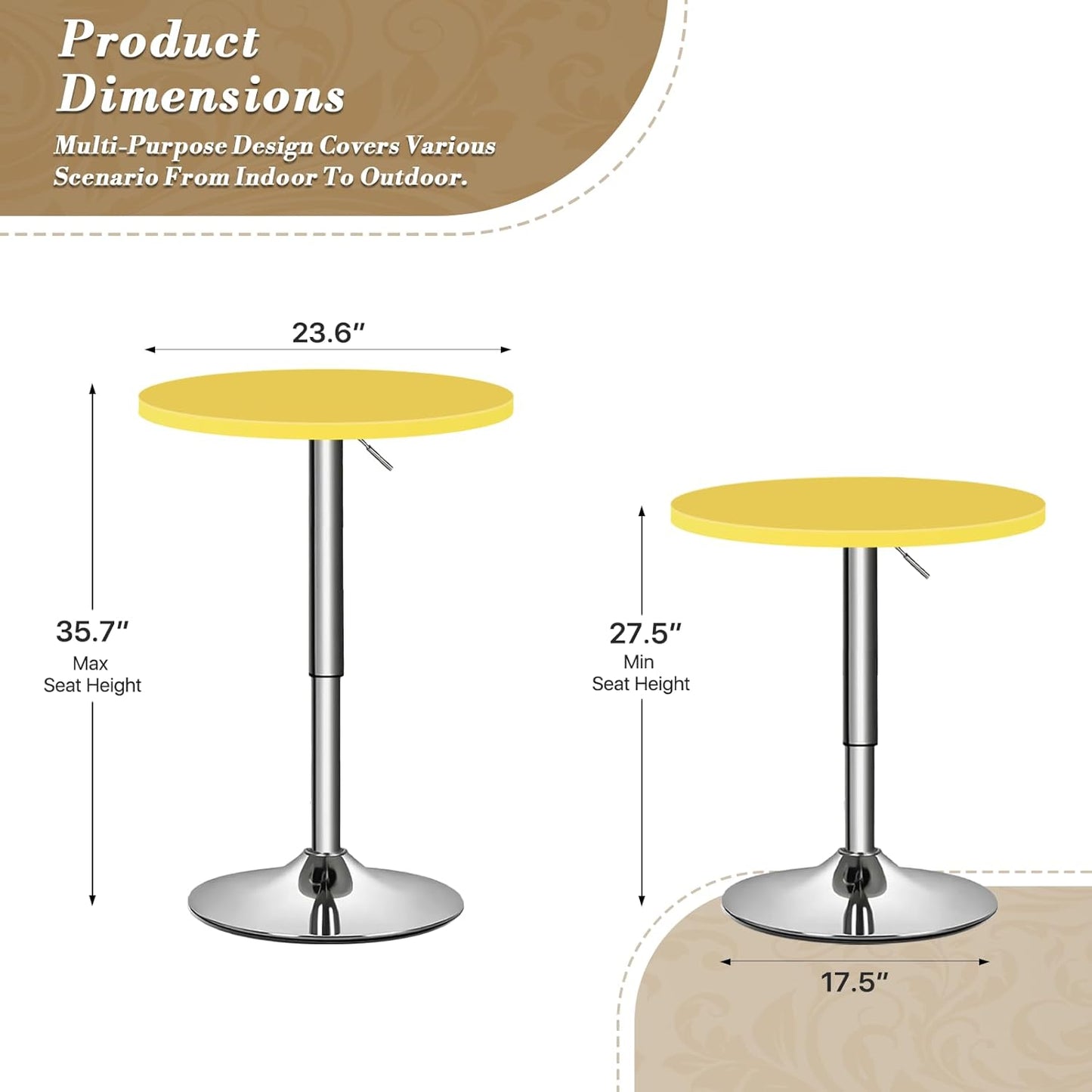 Athena Collection Bar Table with Swivel Top, Round Bistro Pub Bar Height Cocktail Table with Height Adjustable top and Metal Silver Base for Home Outdoor Party Event, Yellow