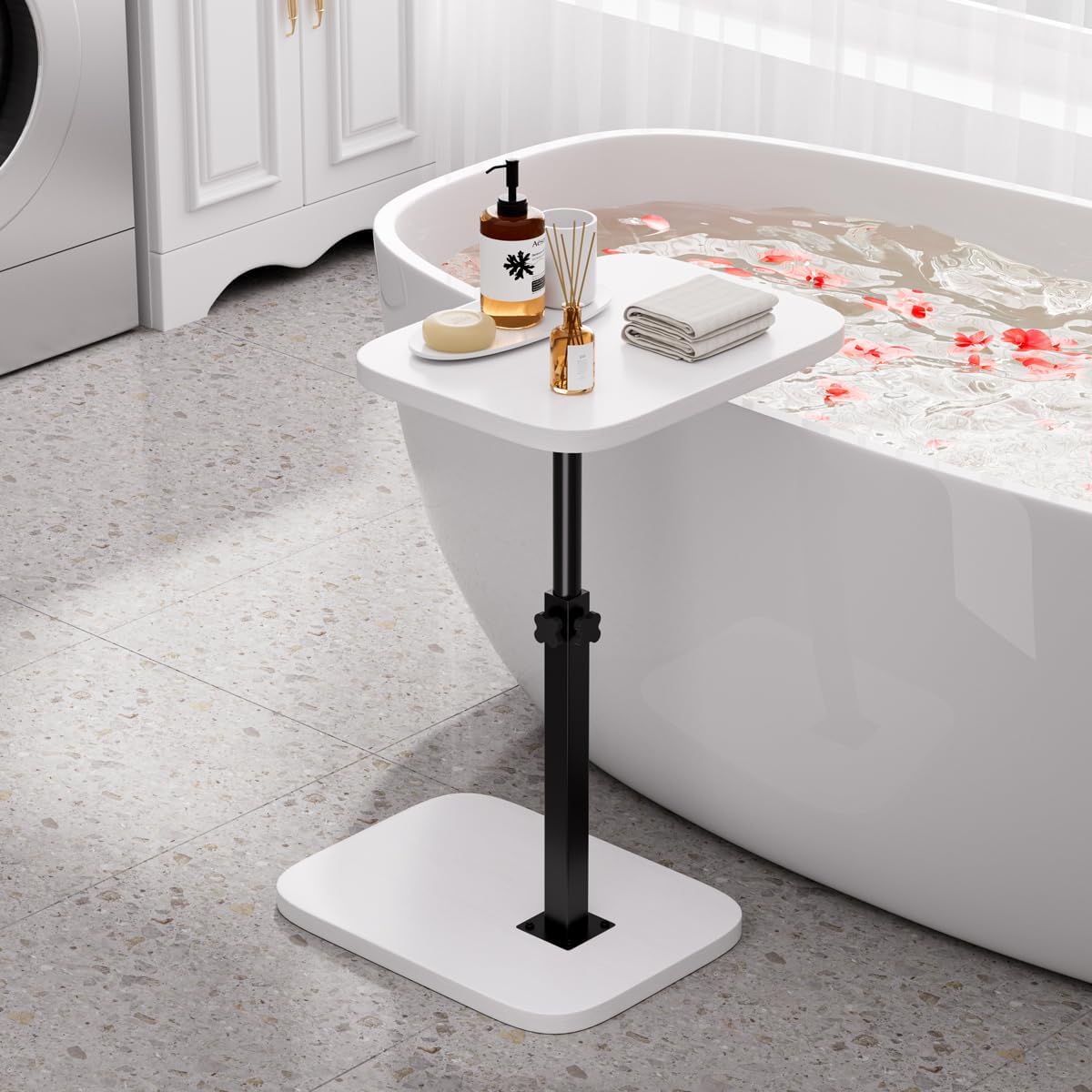 Adjustable Side Table TV Tray, C Shaped End Table, Small Bedside Table, Mid Century Modern Accent Nightstand for Living Room, Bedroom, Corners and Office (White)