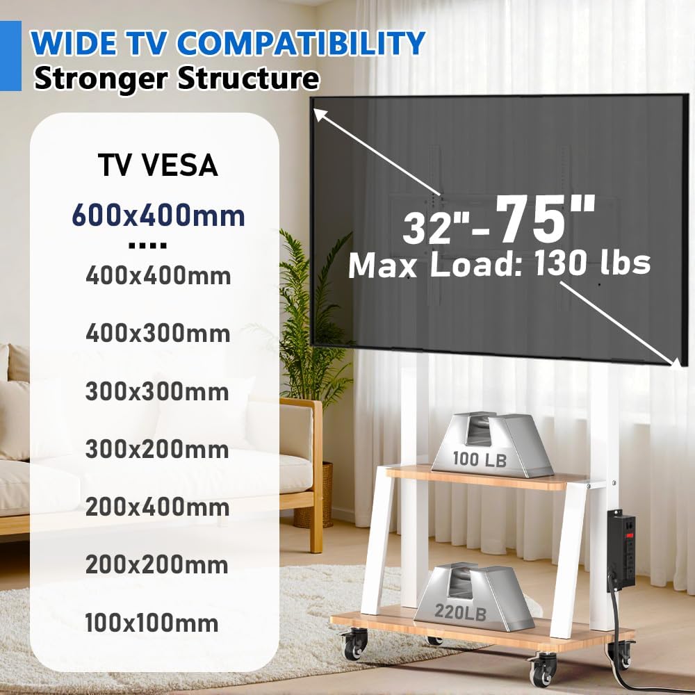 Mobile TV Stand with Power Outlet, Wood Shelf Portable TV Stand on Wheels for 32 to 55 65 70 75 inch Television, Height Adjustable White TV Cart, Holds up to 130LBS, Vesa 600×400mm.