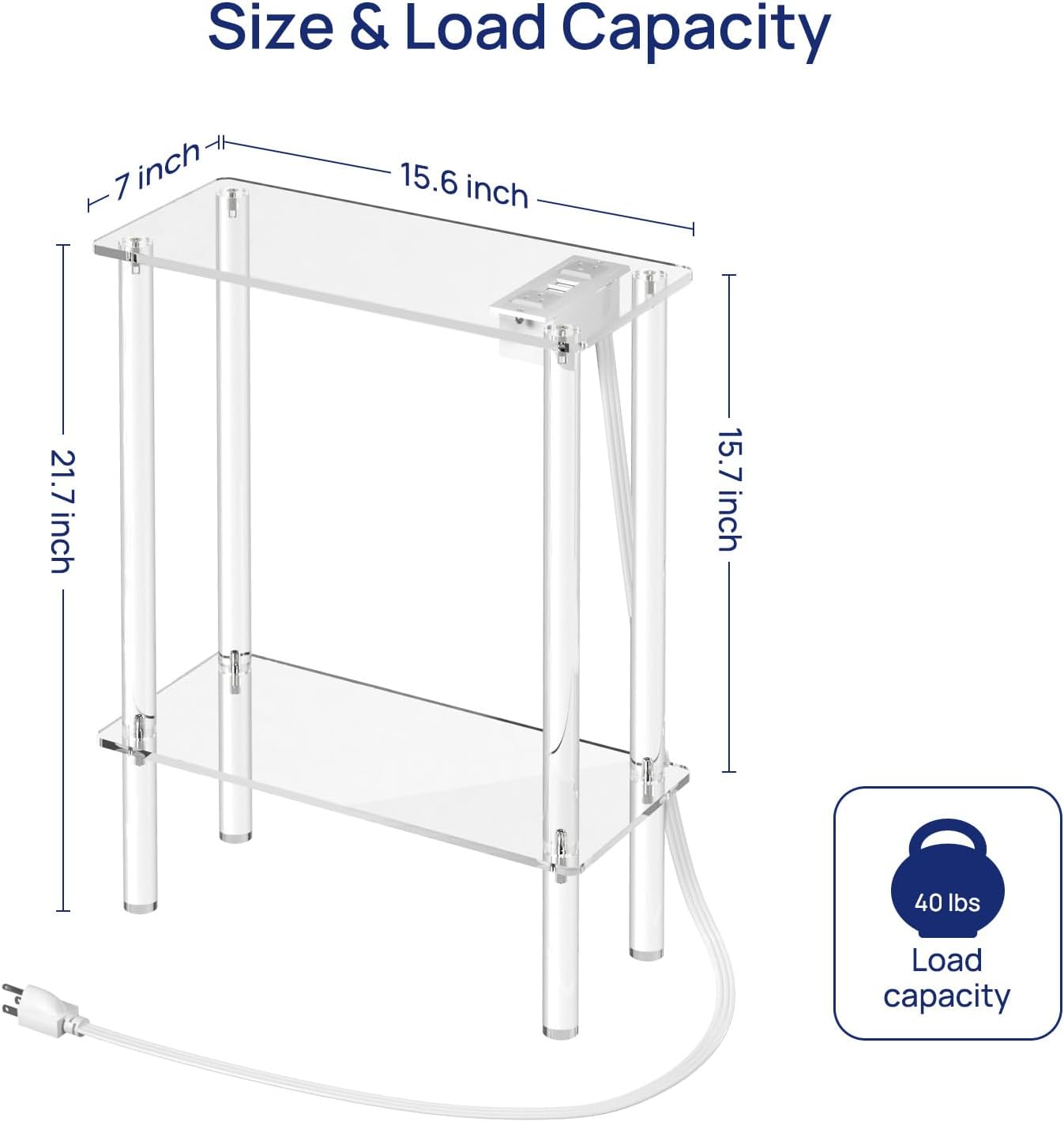 HMYHUM Acrylic Narrow Side Table with Charging Station, 7" Width, 2 Tier Small End Table for Small Spaces, Skinny Nightstand/Bedside Table with USB Ports & Outlet, Clear