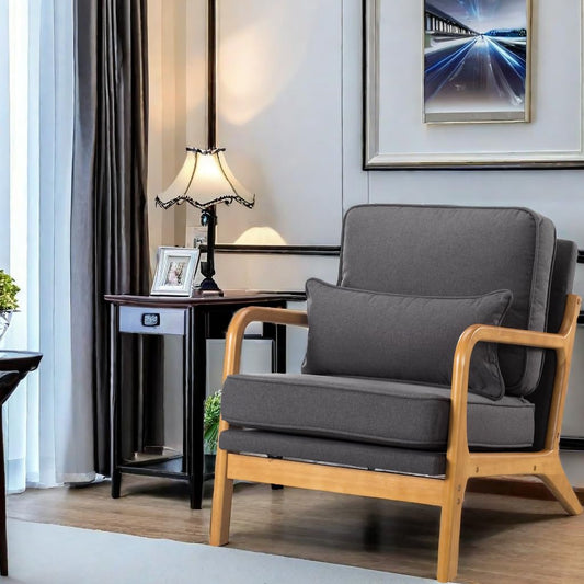 Armchair Upholstered Lounge Chair, Mid-Century Modern Accent Chair with Cushion, Lounge Chair Indoor Reading Chair with Wood Arms, Accent Chair for Living Room, Bedroom Office, Dark Gray