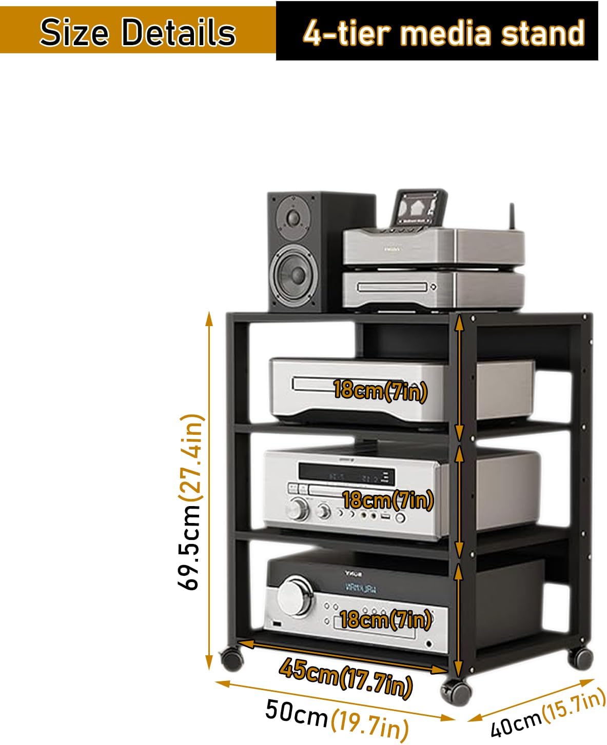 4 Tier Audio Rack Tower, CD Record Player Stereo Receiver AV Equipment Cabinet Display Rack, Weight Capacity 220 lbs, with Adjustable Wooden Shelves for Home (Black, 4tier)