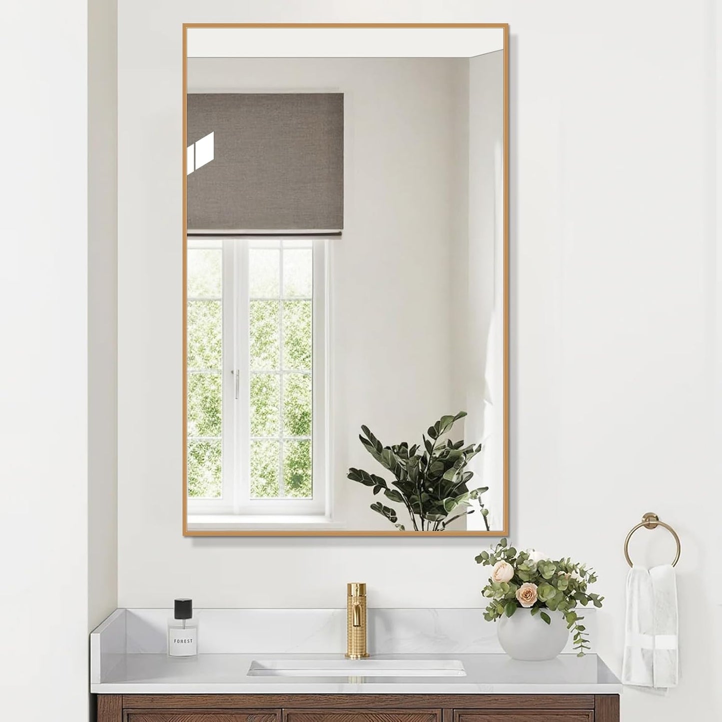 Golden Bathroom Mirror for Wall, Rectangle Mirrors with Metal Frame, Modern Vanity Wall Mirror Decor for Entryway Hangs, Bathroom Living Room Horizontal or Vertical(Golden, 36" L x 30" W)