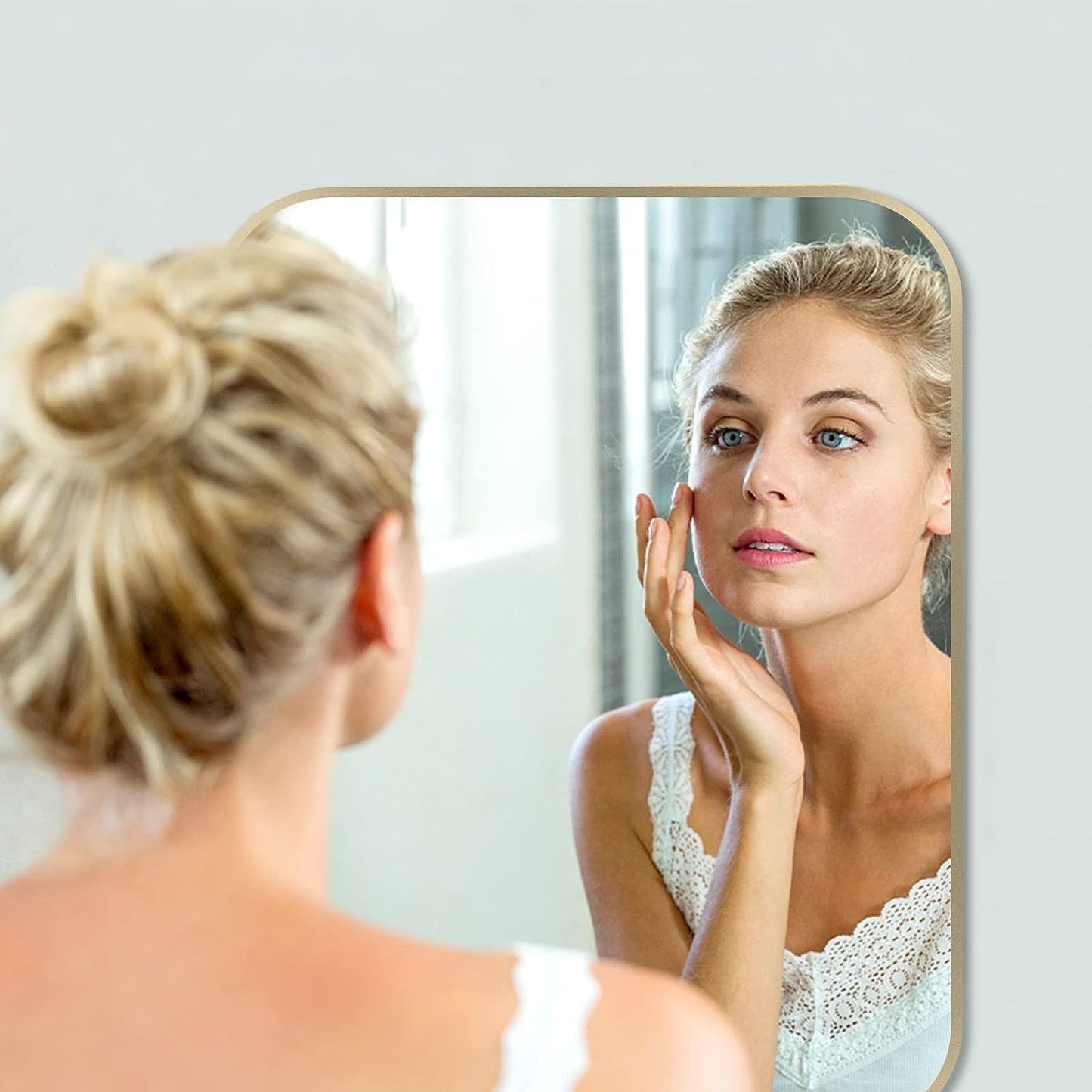 26x38 Inch Gold Bathroom Mirror, Brushed Brass Gold Metal Framed Rectangular Mirror with Rounded Corner, Bathroom Vanity Mirror for Bedroom or Living Room, Horizontal/Vertical