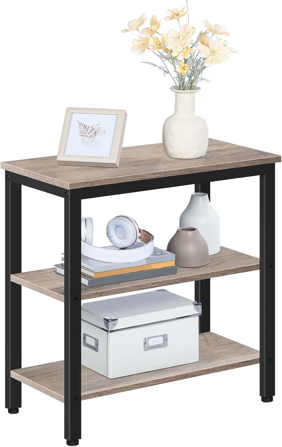 HOOBRO End Table, Simple Rustic Side Table with 3-Tier Storage Shelf, Narrow Nightstand for Small Spaces, Easy Assembly, for Living Room, Bedroom, Metal, Industrial Design, Greige and Black BG14BZ01