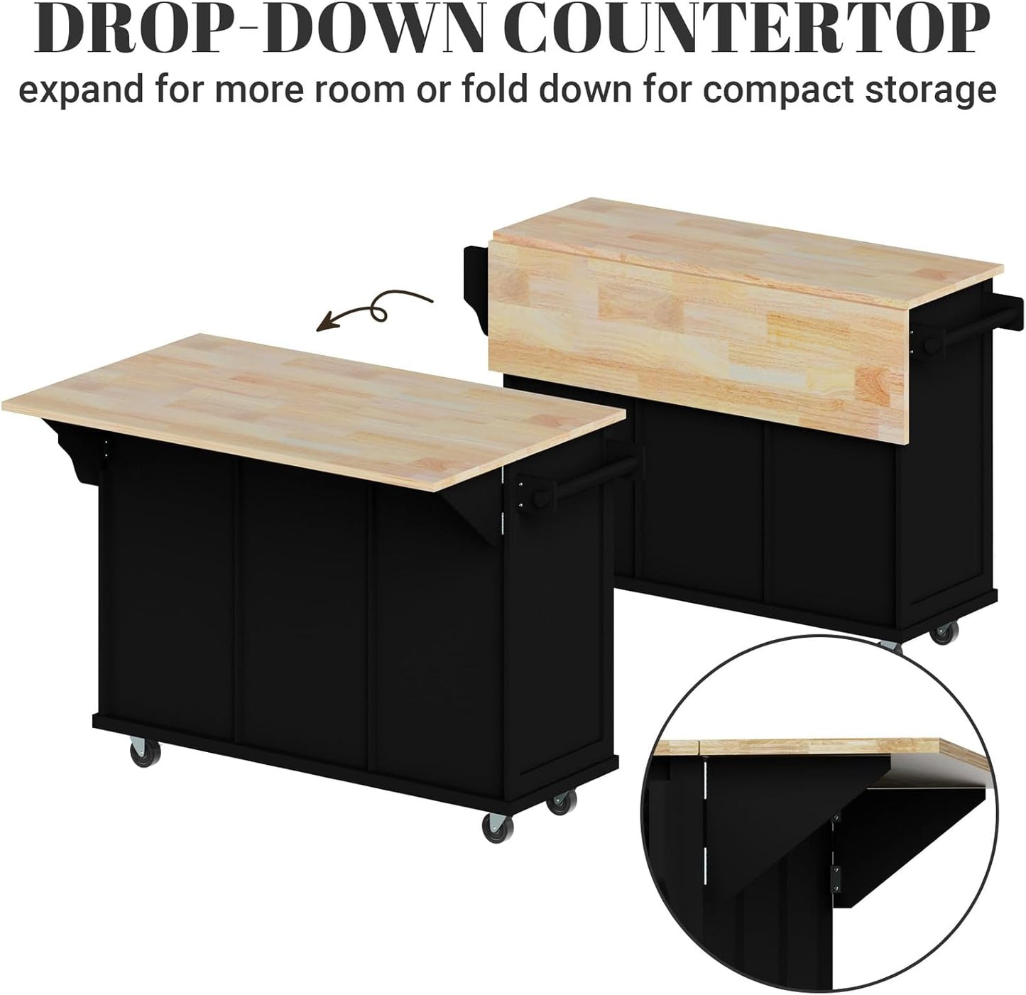 Rovibek Kitchen Island with Drawers 53 in Rolling Island Cart Mobile Solid Wood Portable Islands on Wheels with Storage Cabinet & Drawers, Black