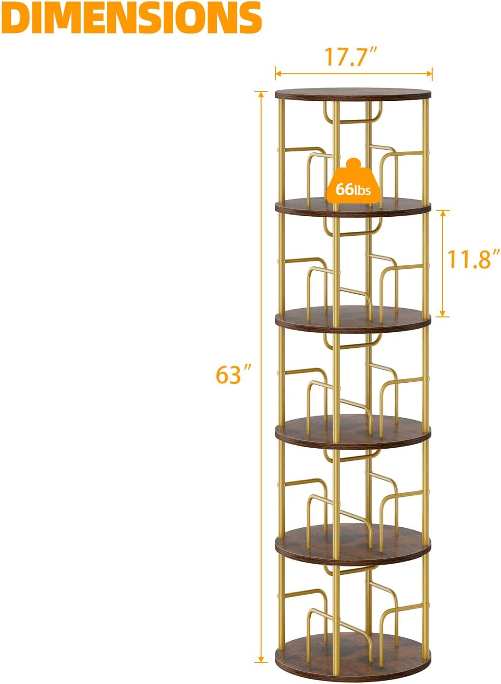 5 Tier Rotating Bookshelf, 360 Display Spinning Corner Bookshelf, Space-Saving Metal Frame Bookcase for Living Room, Office, Bedroom, Gold