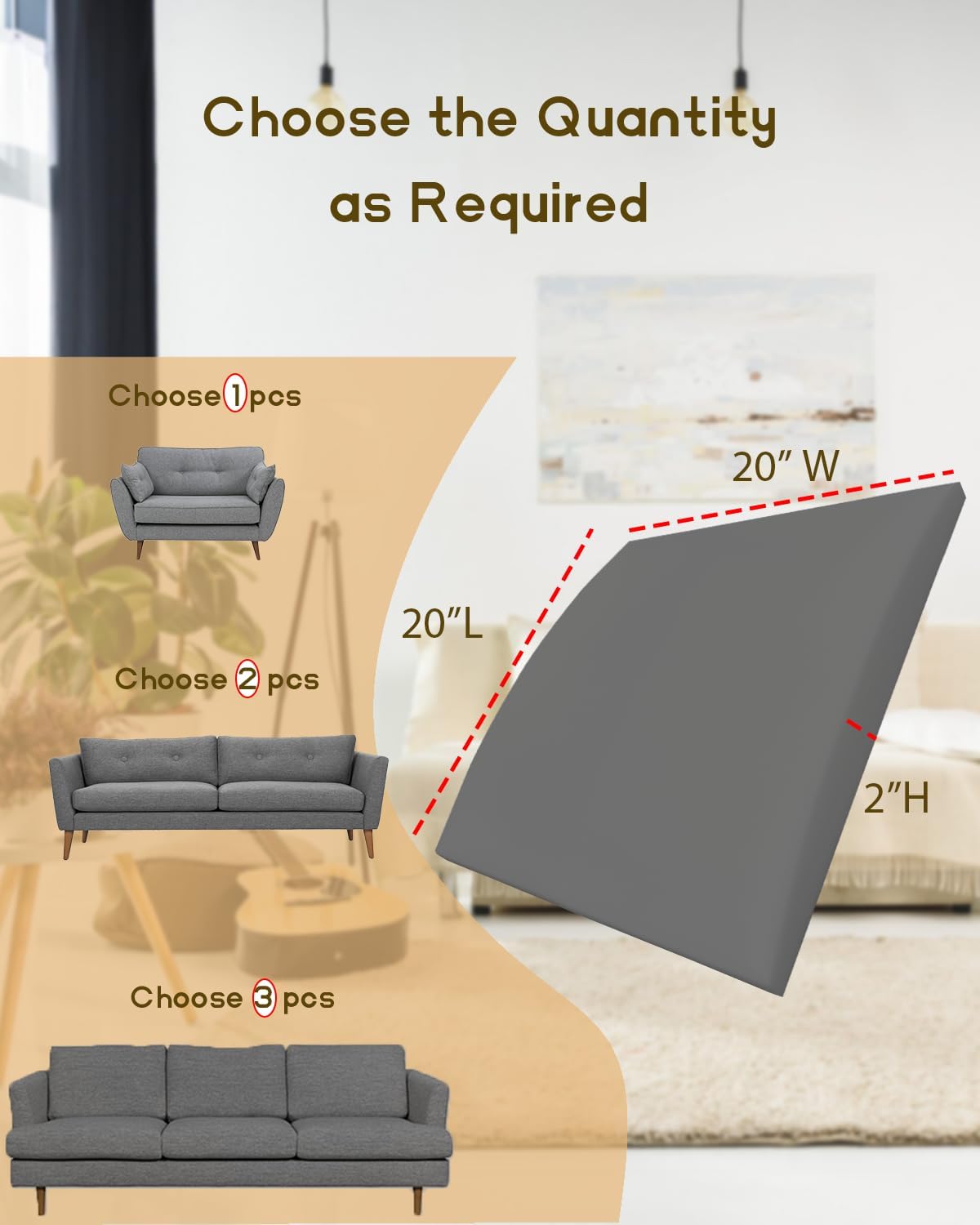 Couch Cushion Support, 20" x 20" Sofa Cushion Support for Sagging Seat, High Density Replacement Foam Insert for Sagging Couches, Loveseat, Furniture (Grey-3 pcs)