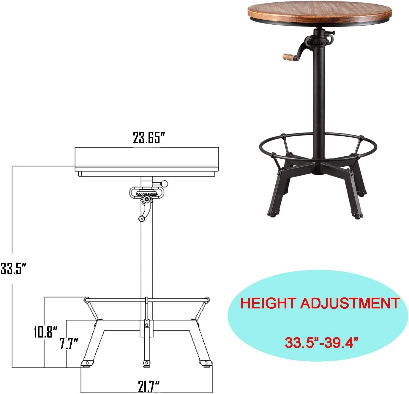 Diwhy Pub Set Industrial Style Adjustable Height 33.5-39.4in Dining Table Dia 23.6" Wooden Top with Handle Bar Table