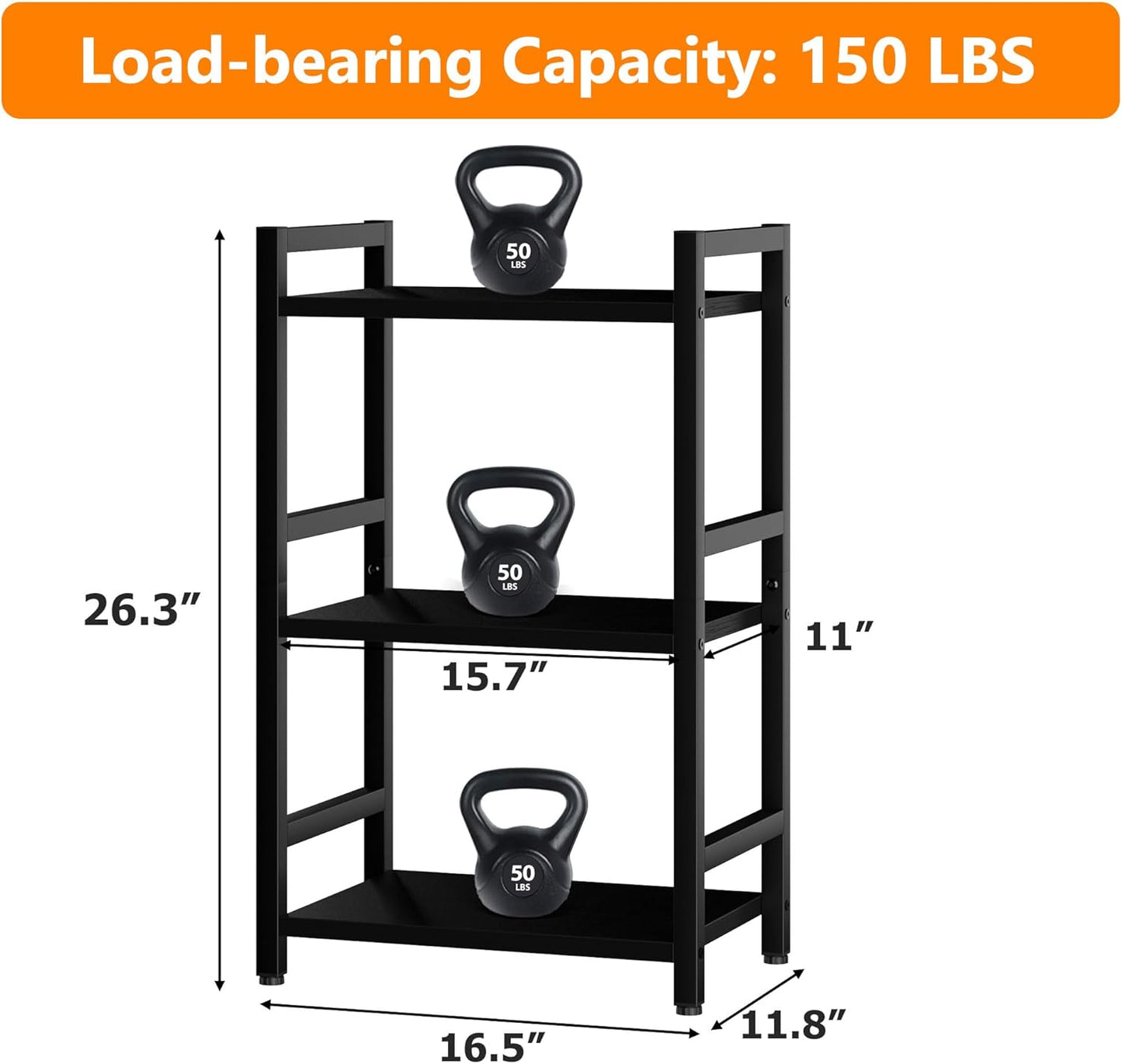 Book Shelf, 3 Tier Bookcase with Steel Frame, Stable Bookshelf Narrow Book Shelves Storage Organizer for Book CD Movie, Open Book Shelves for Living Room, Home Office, Study, Black