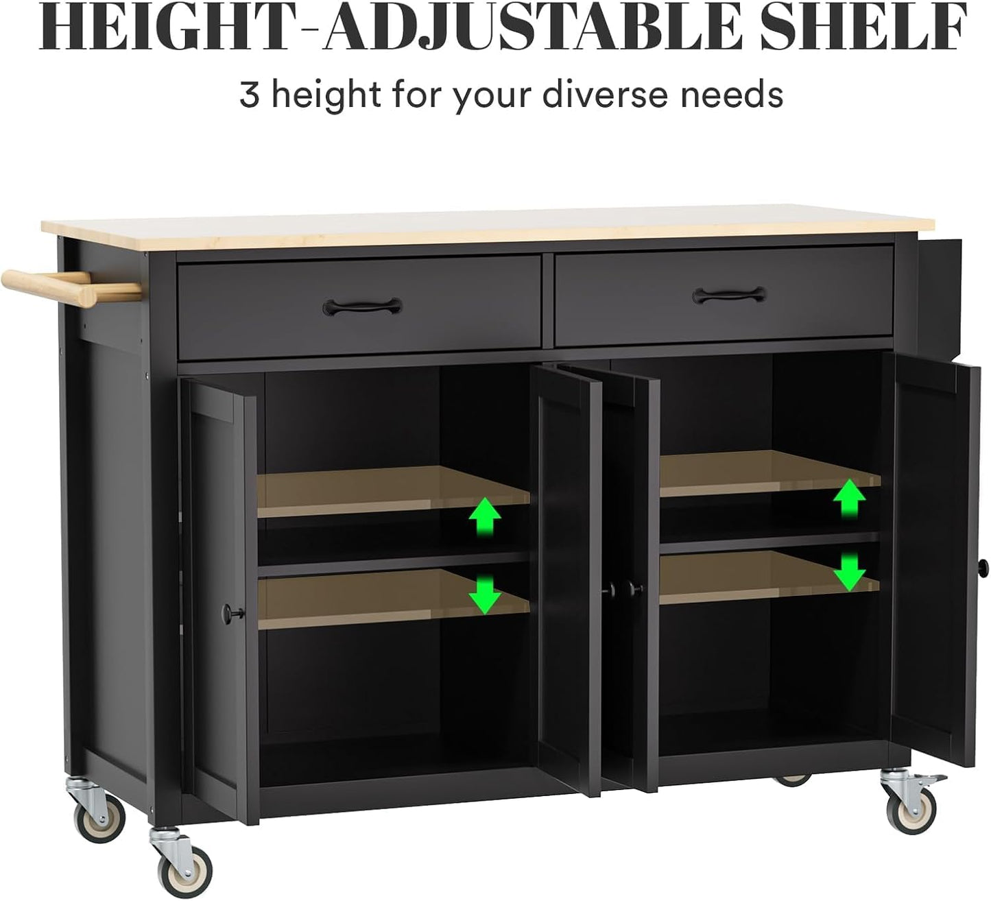 Rovibek Large Wood Island Table with Storage, 54 in Width, Portable Moveable Kitchen Island on Wheels, Black with Drawers Cabinet Spice Rack Towel Rack