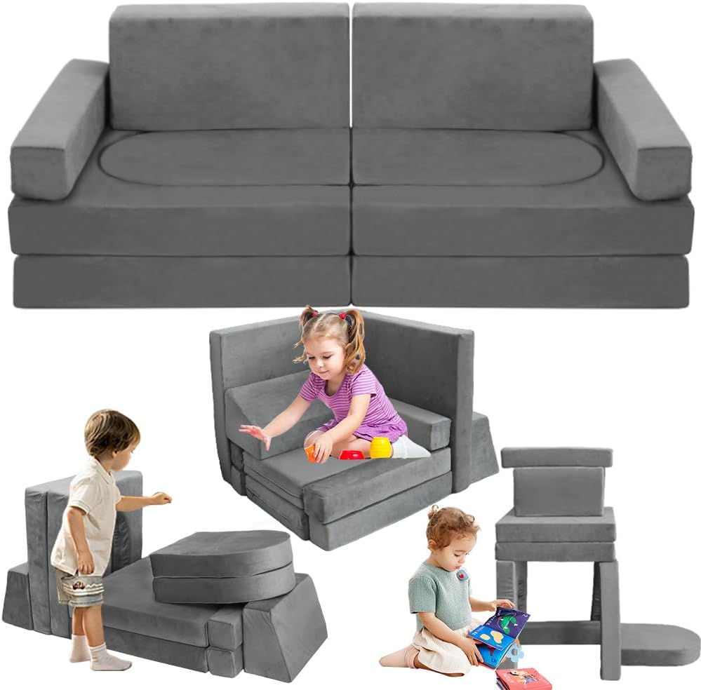 Modular Kids Play Couch Convertible Toddler Building Fort Sofa and Cushion 10Pcs Child DIY Floor Sofa for Sleeping Playroom Bedroom for Boys and Girls (Dark Gray)