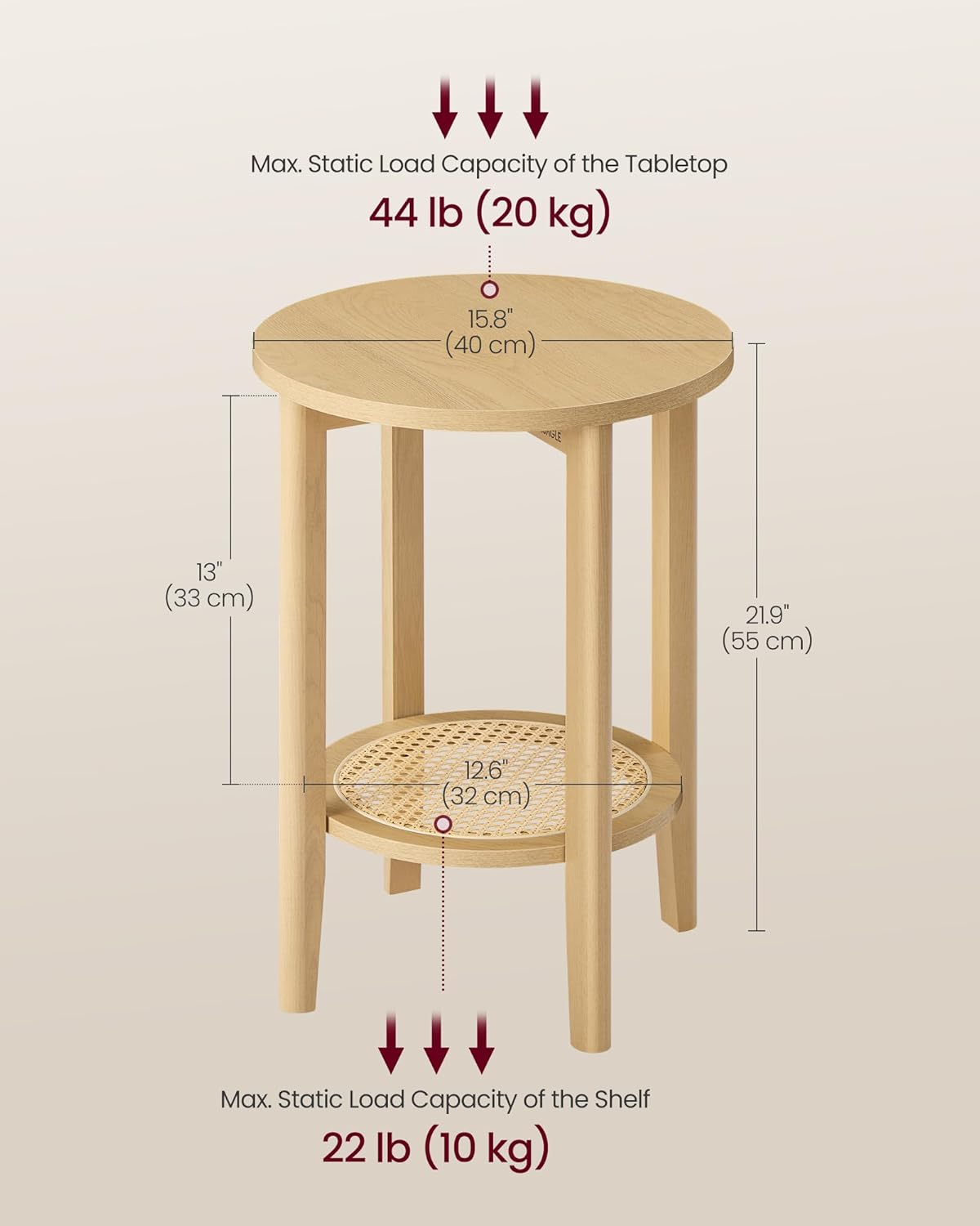 VASAGLE Round Side End Table, 2-Tier Boho Bedside Table with Rattan-Look Storage Shelf, Nightstand for Small Spaces, for Living Room, Bedroom, Home Office, Oak Beige ULET296Y01