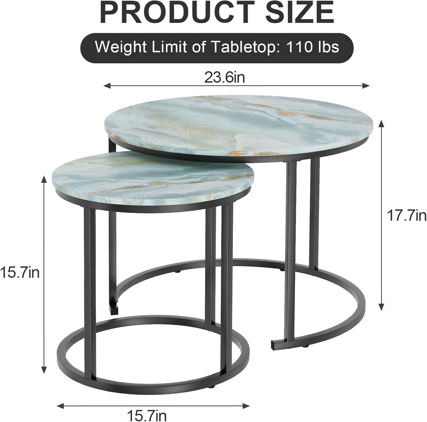 Garden 4 you Nesting Coffee Table, 23.6" Round Coffee Table Set of 2, Wooden Nesting Table Set for with Metal Frame, Side Tables for Living Room Bedroom Balcony, Blue