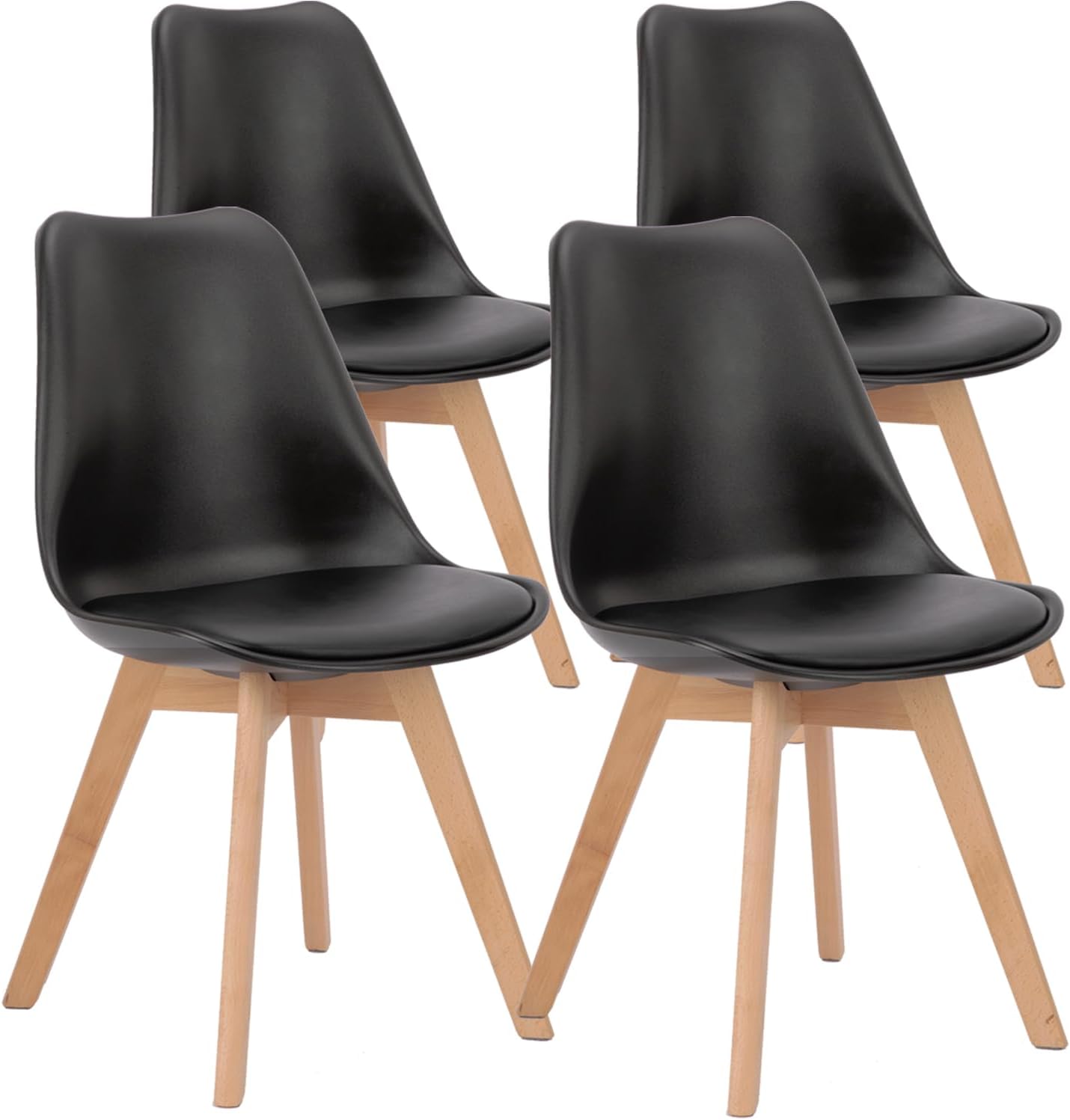 OLIXIS Dining Chairs Set of 4 Mid-Century Modern Dinning Chairs, Living Room Bedroom Outdoor Lounge Chair PU Leather Cushion and Wood Legs, Black