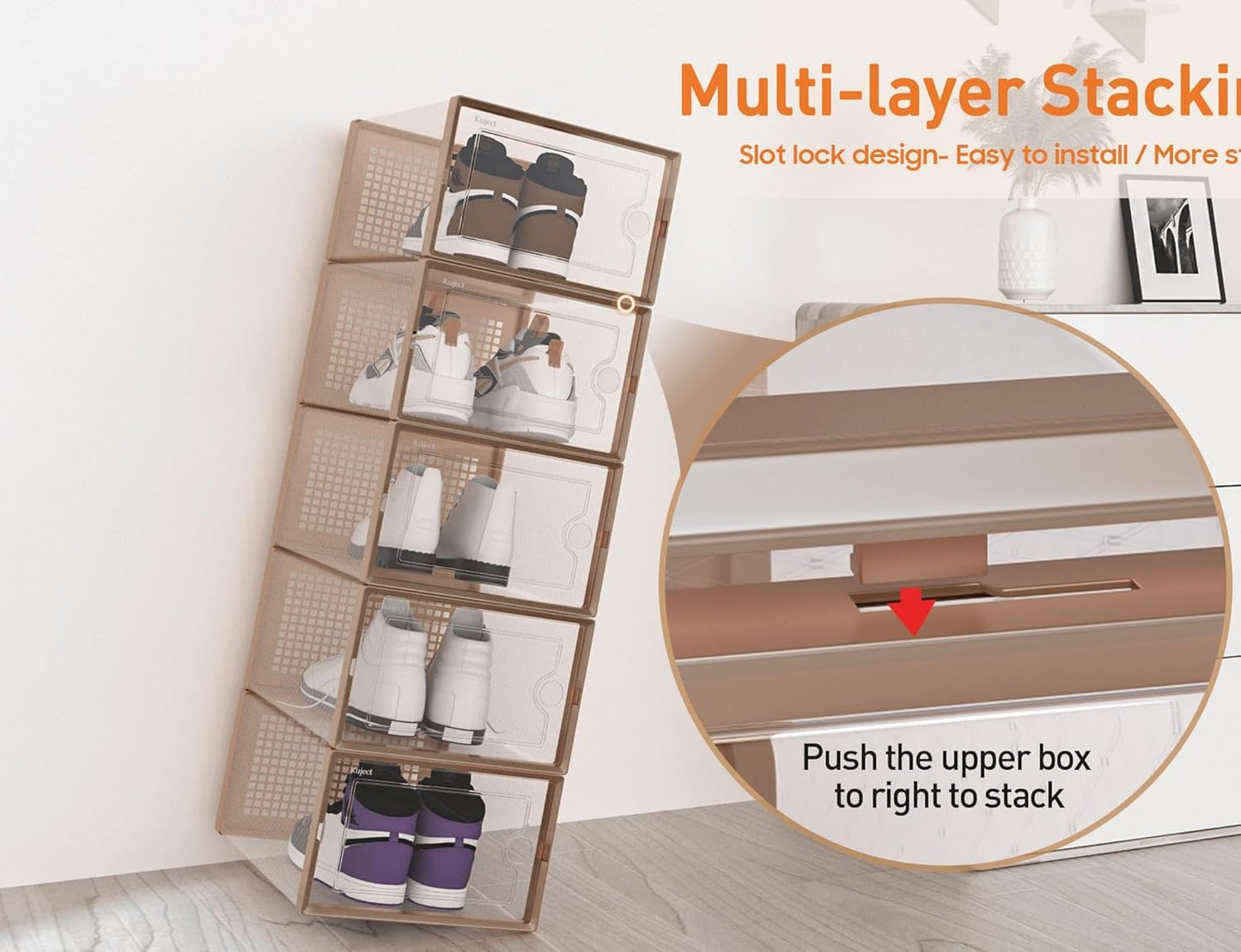 Kuject X-Large Shoe Storage Boxes Organizers for Closet 12 Pack, Fit Size 11,Clear Plastic Stackable Sneaker Containers for Entryway, Space Saving Shoe Rack,Substitute for Drawer Organize Unit, Brown