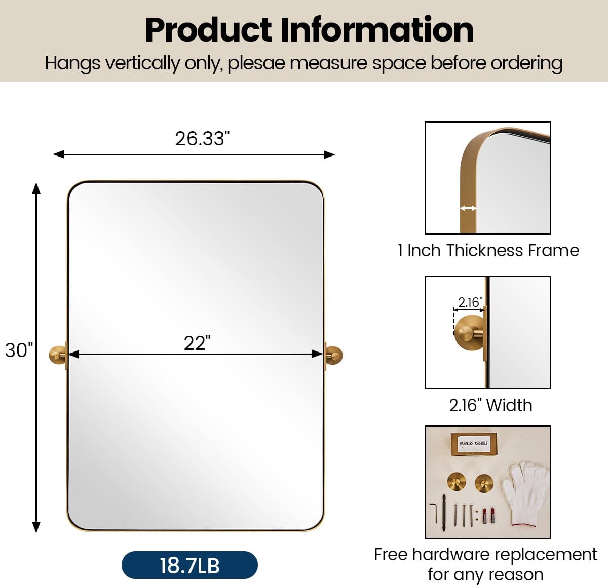 MOON MIRROR Brushed Gold Pivot Mirror,Brass Tilt Vanity Rectangle for Bathroom, Overall 26.33 x 30 in (Mirror 22x 30 in)