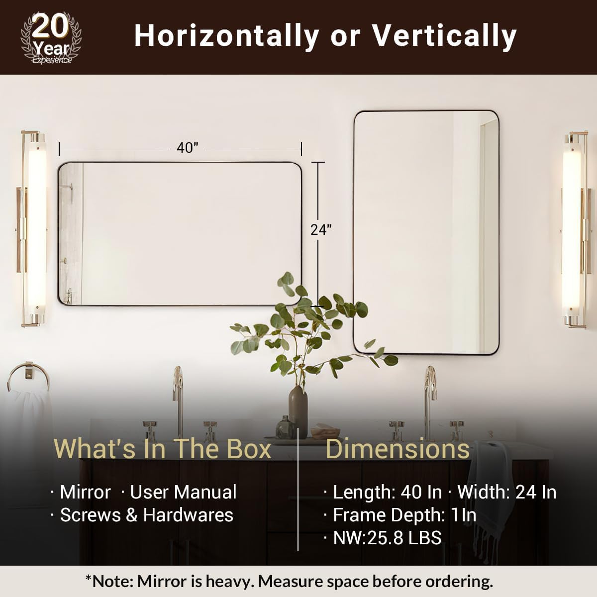 ANDY STAR Bronze Bathroom Mirror for Wall, 24X40” Bronze Wall Mirror for Vanity, Rounded Rectangle Mirror, Oil Rubbed Bronze Metal Modern Stainless Steel Frame, Hang Vertically or Horizontally